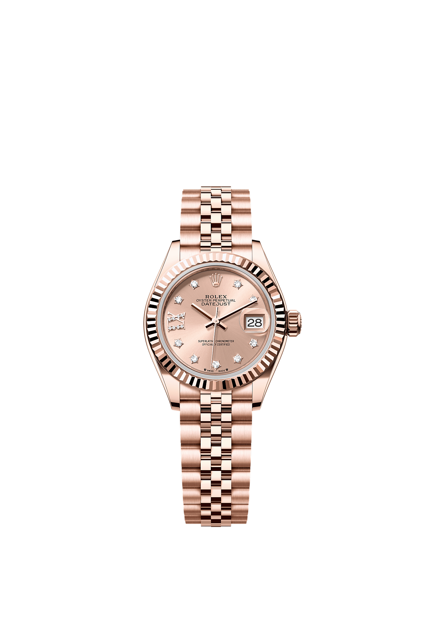 女装日志型, 蚝式，28毫米，永恒玫瑰金, 表盘 : 玫瑰金色，镶钻石, Rolex