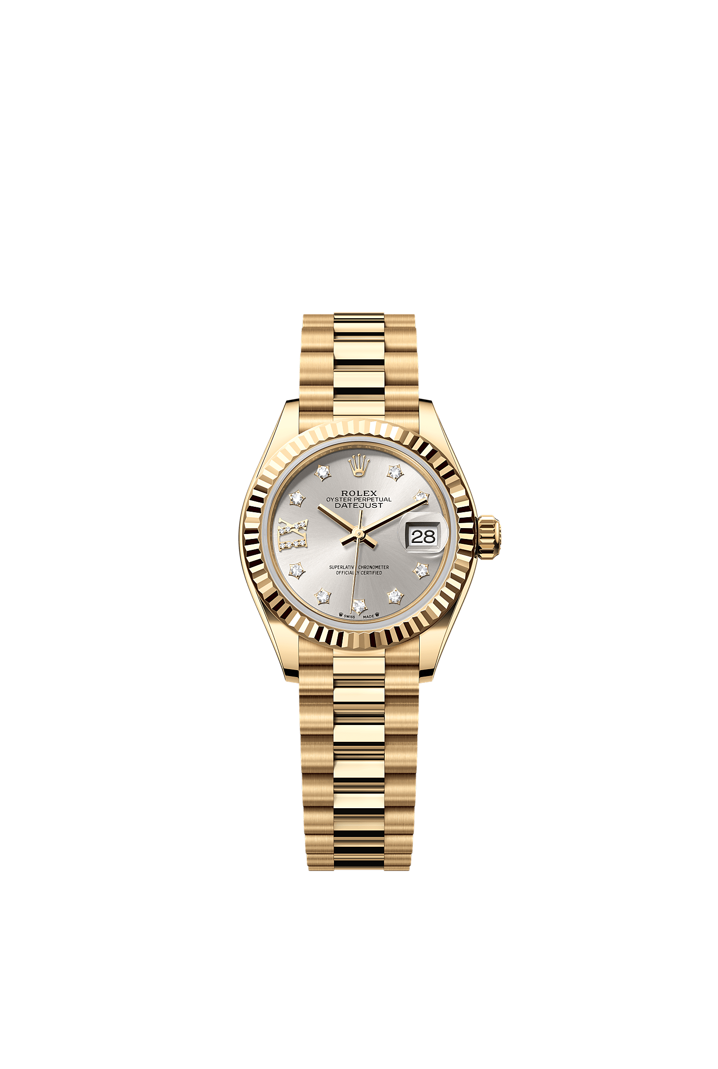 Lady-Datejust, Oyster, 28 mm, yellow gold, Dial : Silver set with diamonds, Rolex