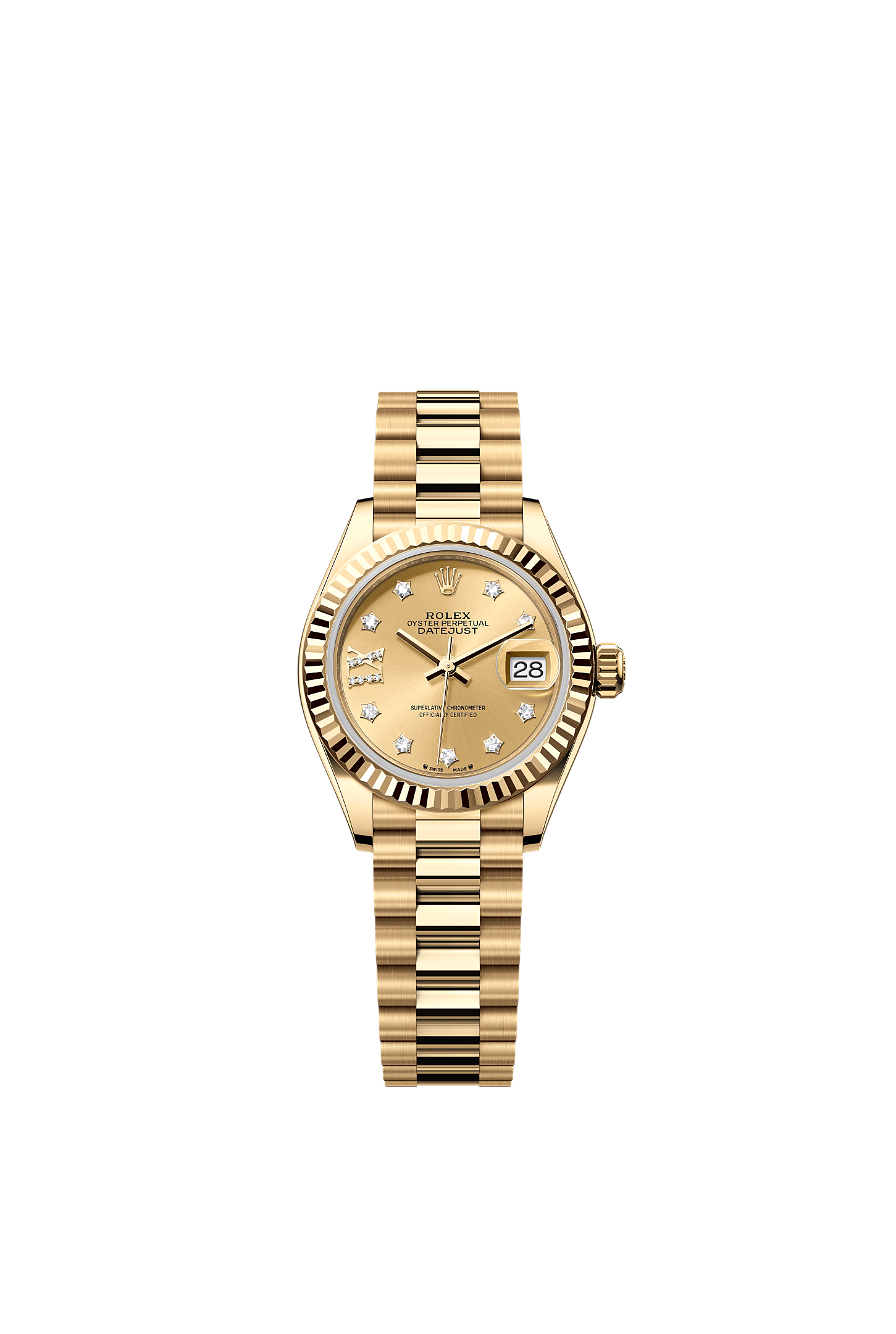 女装日志型, 蚝式，28毫米，黄金, 表盘 : 香槟色，镶钻石, Rolex