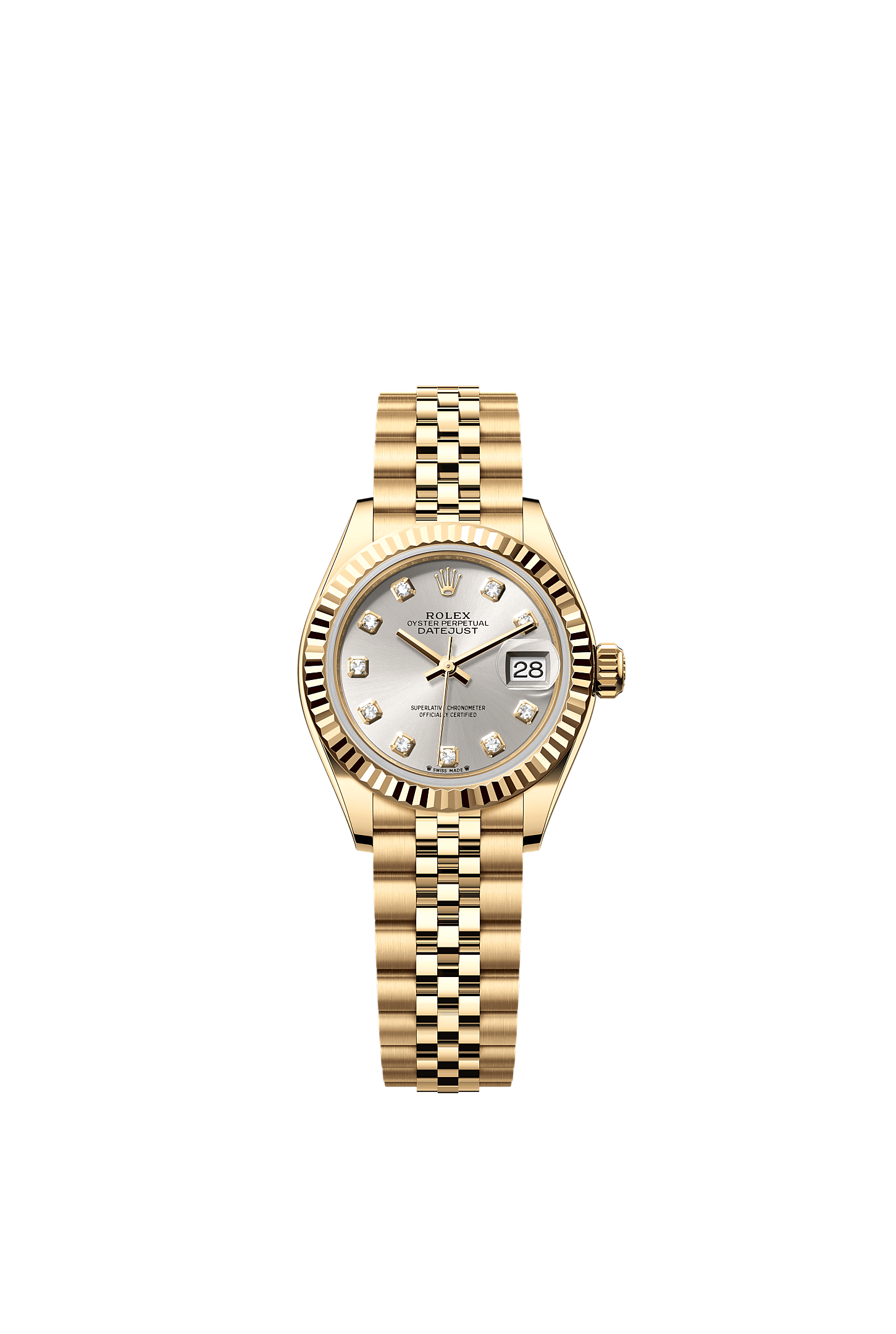 Lady-Datejust, Oyster, 28 mm, yellow gold, Dial : Silver set with diamonds, Rolex