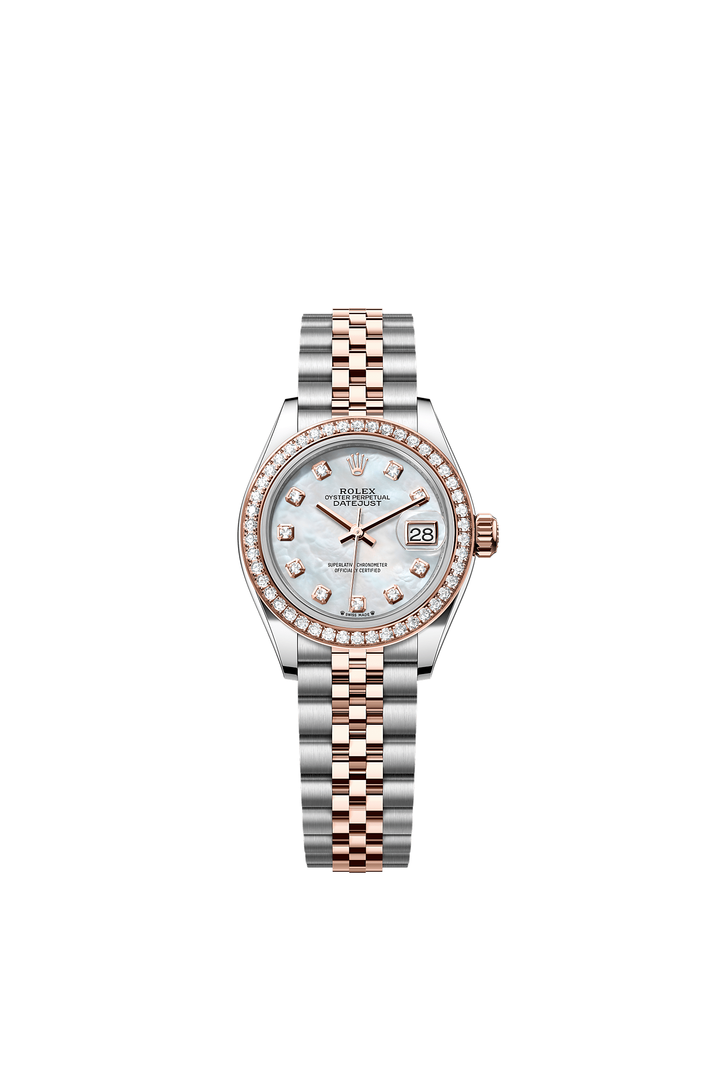 Lady-Datejust, Oyster, 28 mm, Oystersteel, Everose gold and diamonds, Dial : White mother-of-pearl set with diamonds, Rolex