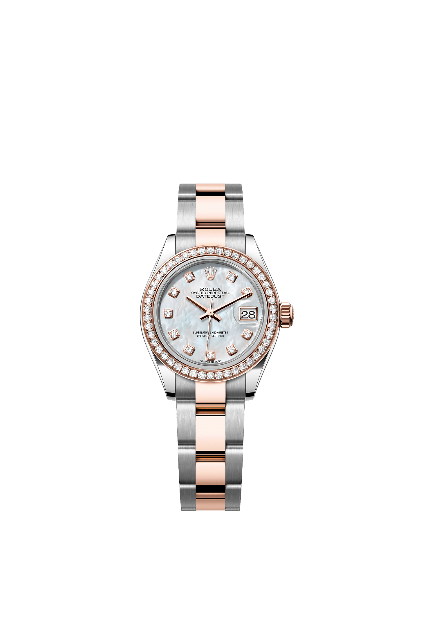 Lady-Datejust, Oyster, 28 mm, Oystersteel, Everose gold and diamonds, Dial : White mother-of-pearl set with diamonds, Rolex