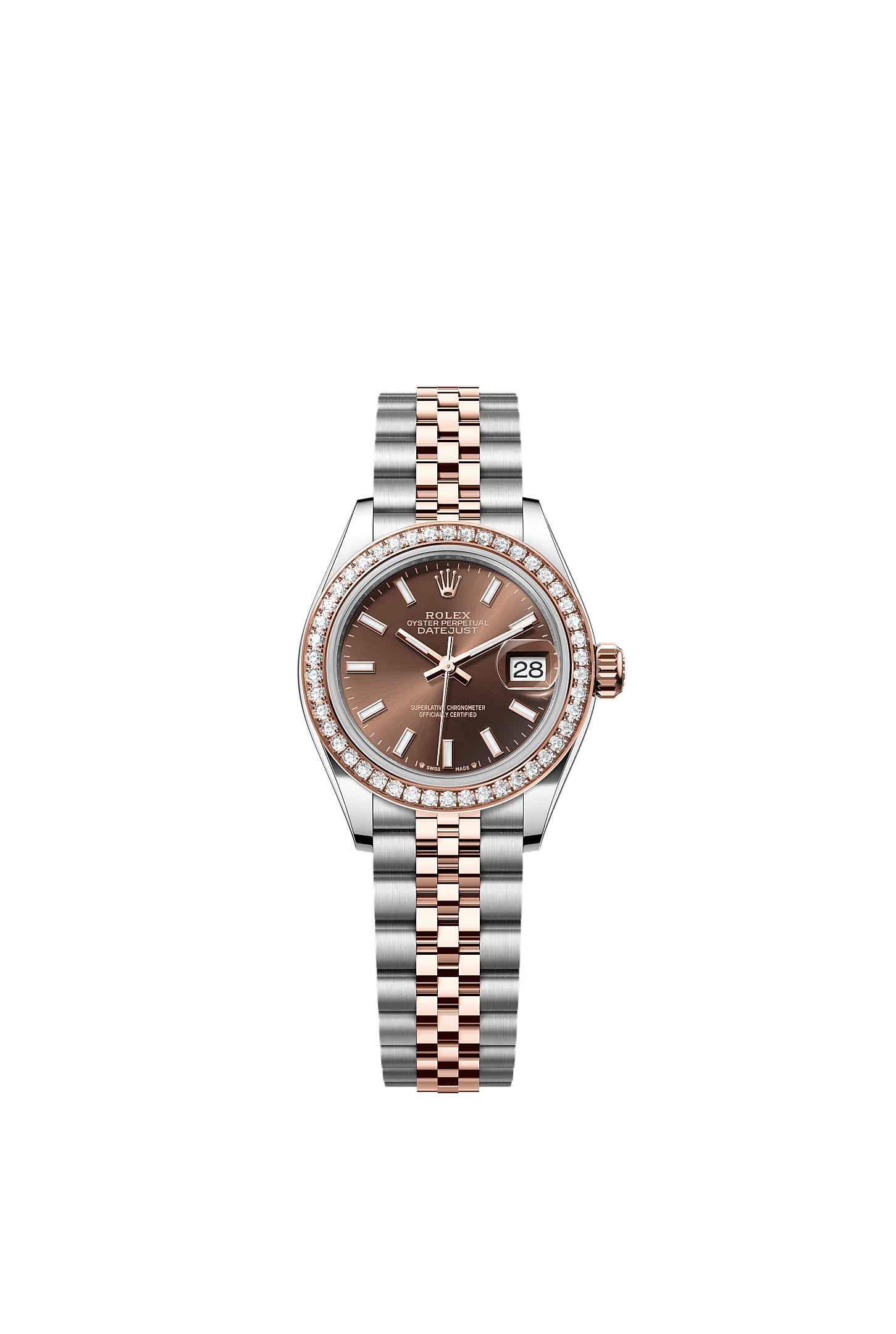 Lady-Datejust, Oyster, 28 mm, Oystersteel, Everose gold and diamonds, Dial : Chocolate, Rolex