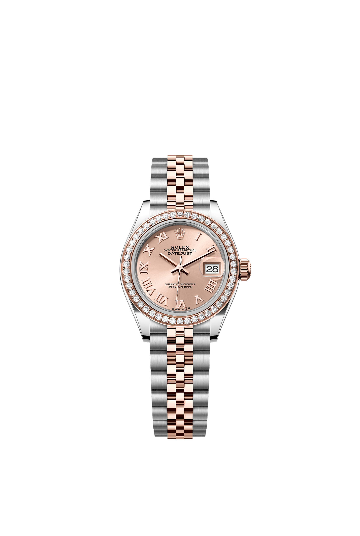 Lady-Datejust, Oyster, 28 mm, Oystersteel, Everose gold and diamonds, Dial : Rosé-colour, Rolex