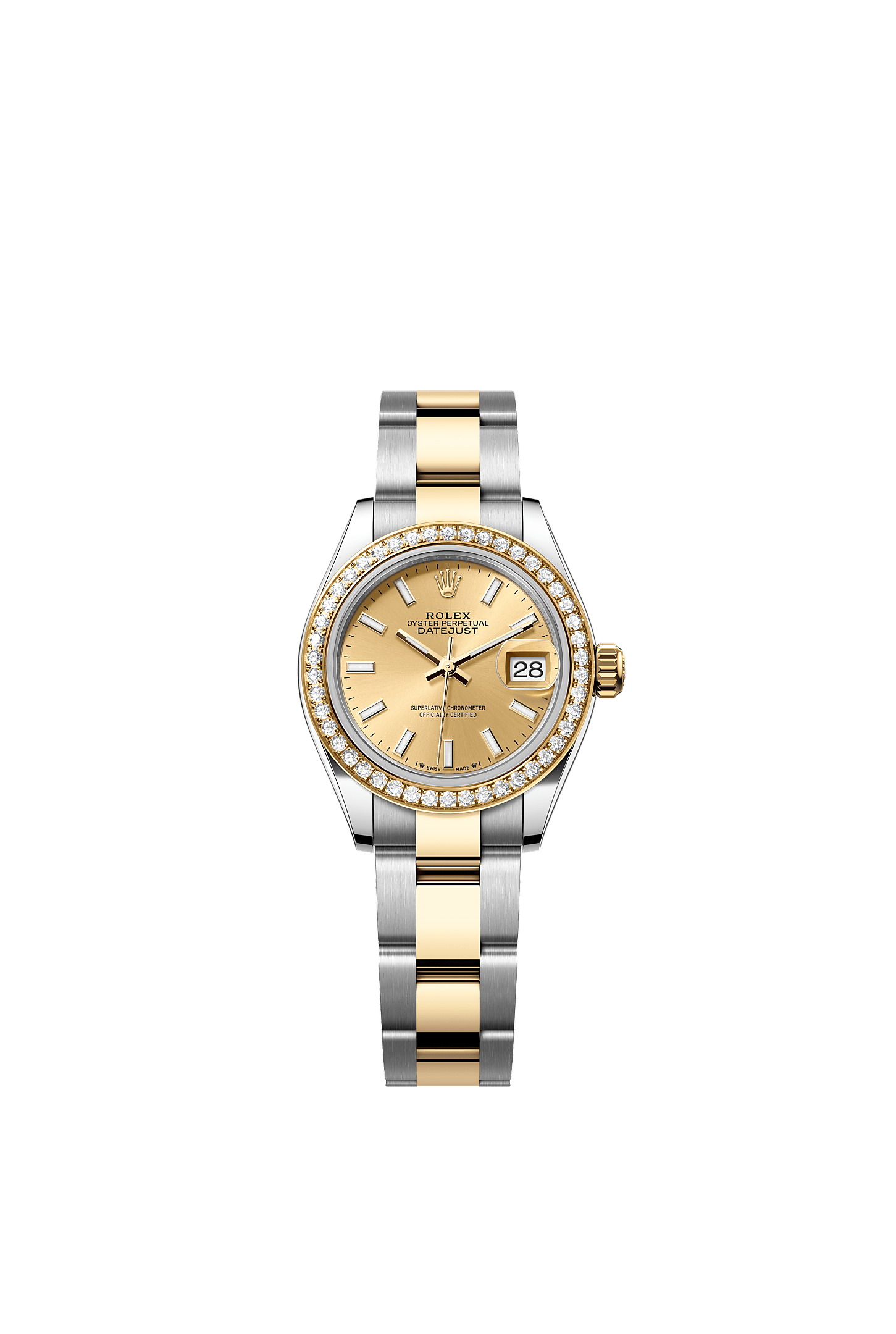 Lady-Datejust, Oyster, 28 mm, Oystersteel, yellow gold and diamonds, Dial : Champagne-colour, Rolex