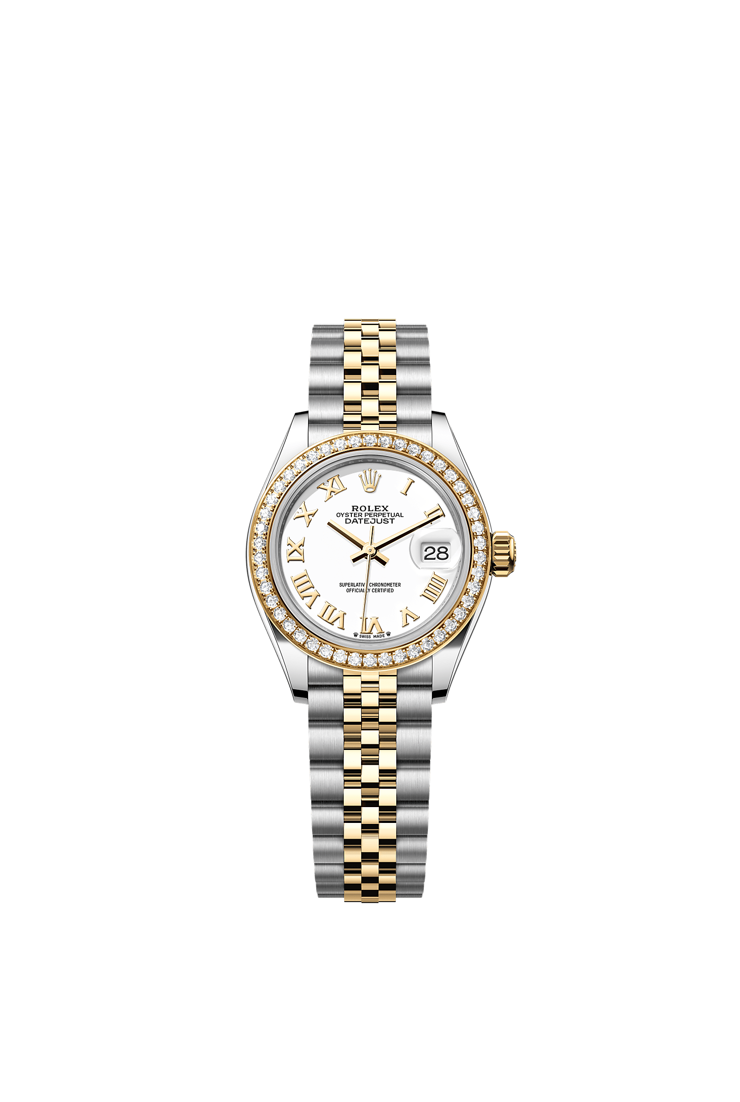 女装日志型, 蚝式，28毫米，钻石、黄金及蚝式钢, 表盘 : 白色, Rolex