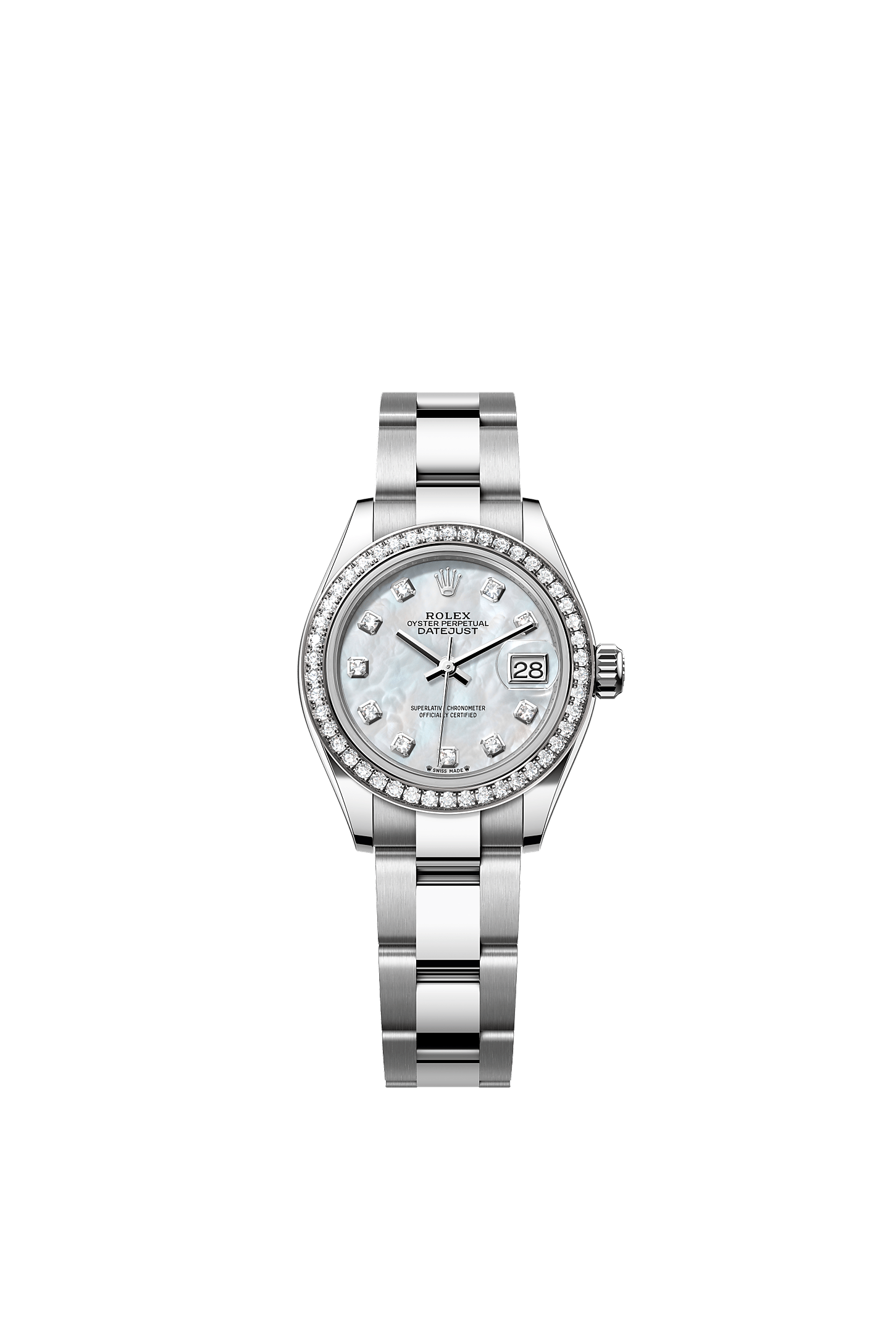 Lady-Datejust, Oyster, 28 mm, Oystersteel, white gold and diamonds, Dial : White mother-of-pearl set with diamonds, Rolex