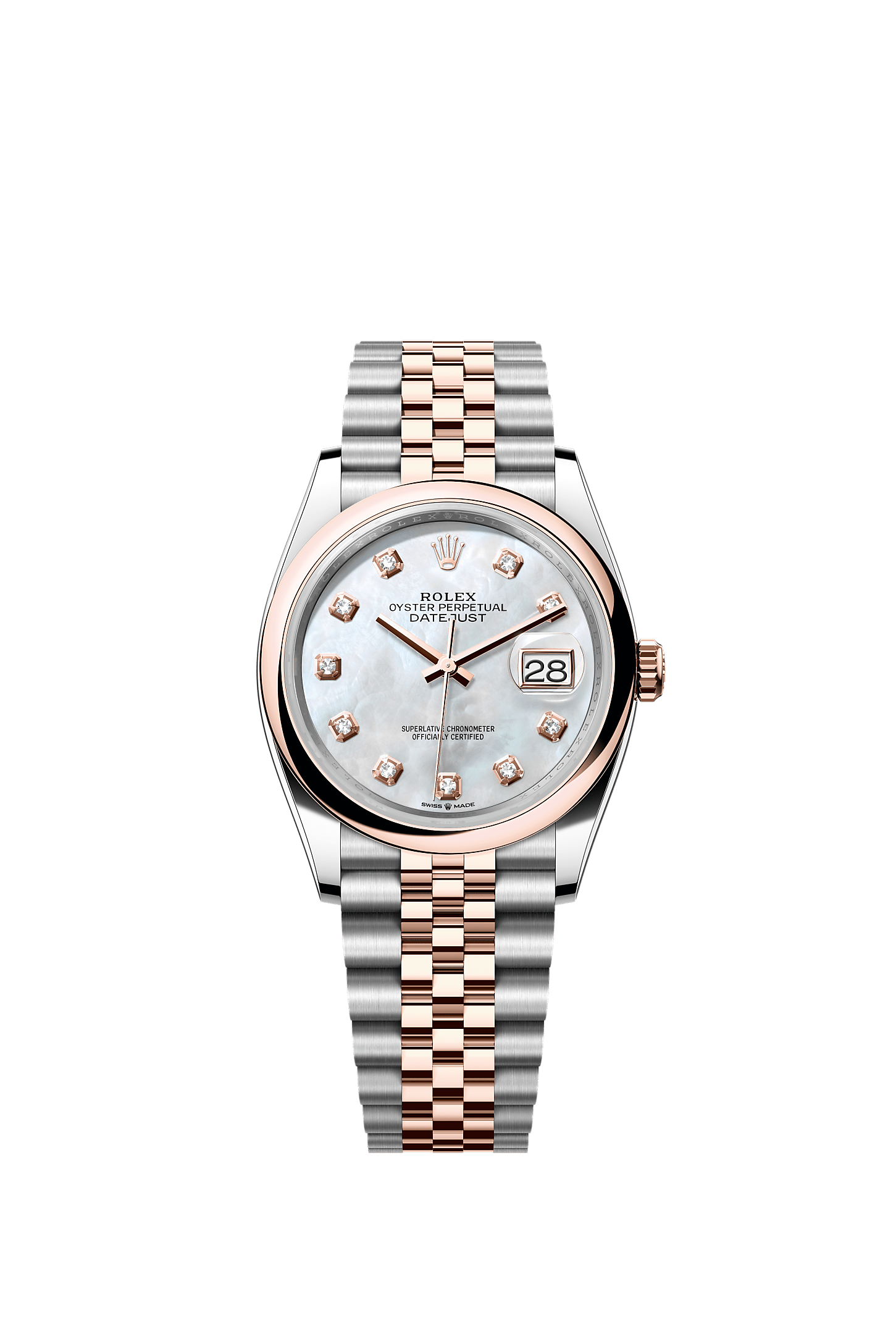 Datejust 36, Oyster, 36 mm, Oystersteel and Everose gold, Dial : White mother-of-pearl set with diamonds, Rolex