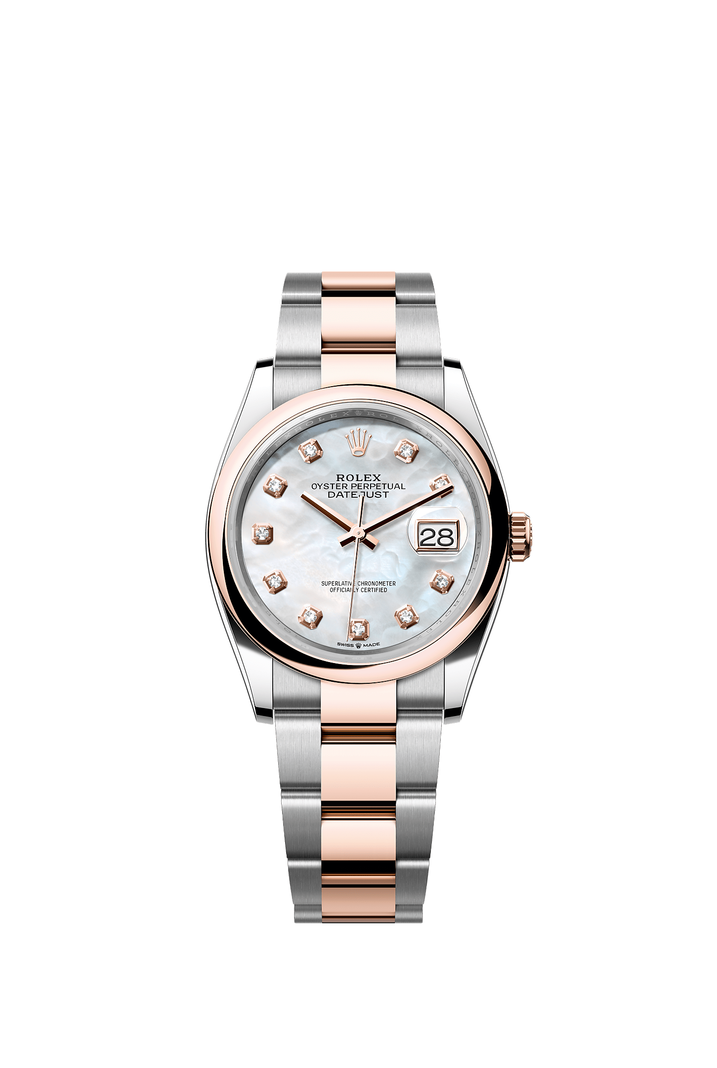 Datejust 36, Oyster, 36 mm, Oystersteel and Everose gold, Dial : White mother-of-pearl set with diamonds, Rolex