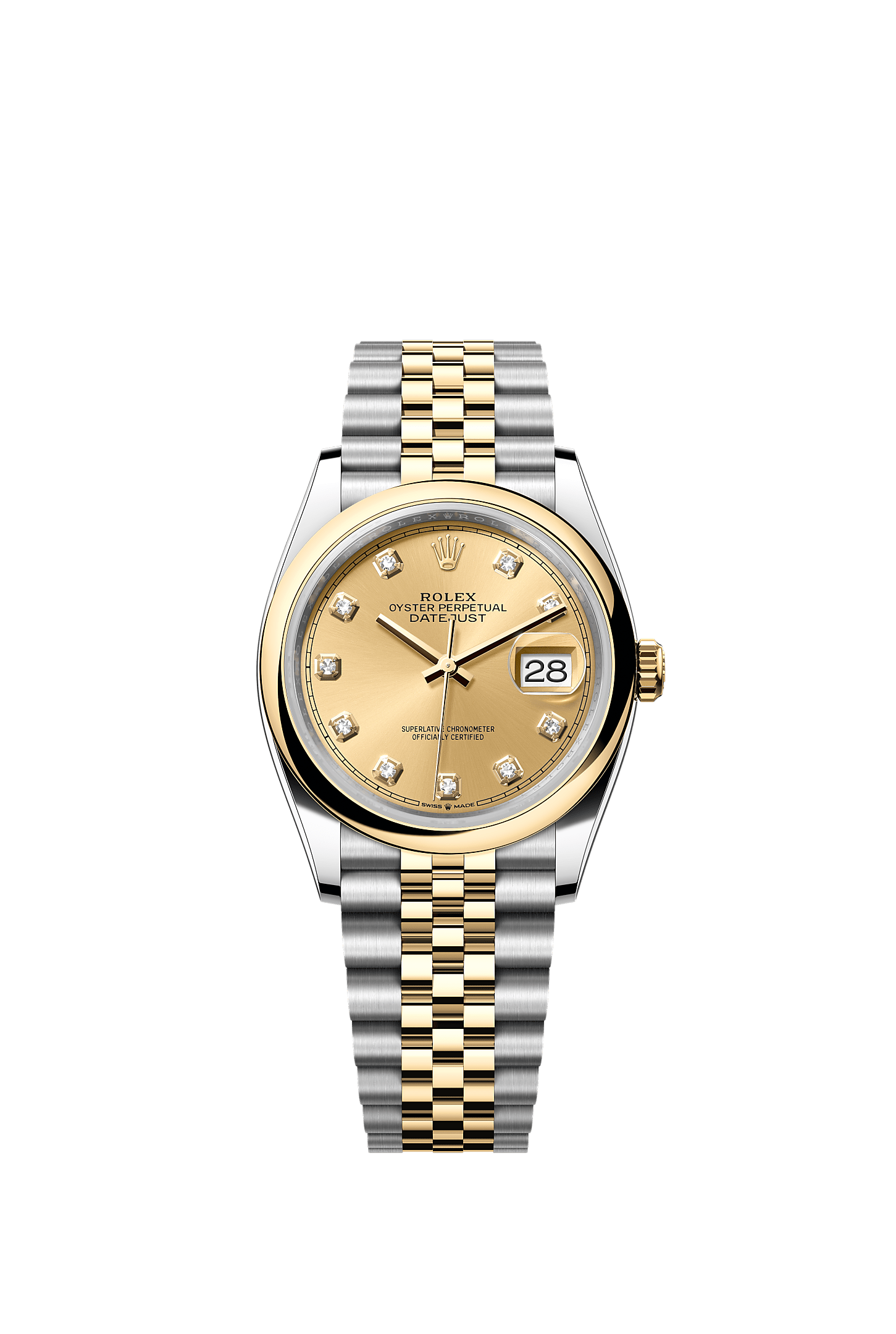 Datejust 36, Oyster, 36 mm, Oystersteel and yellow gold, Dial : Champagne-colour set with diamonds, Rolex