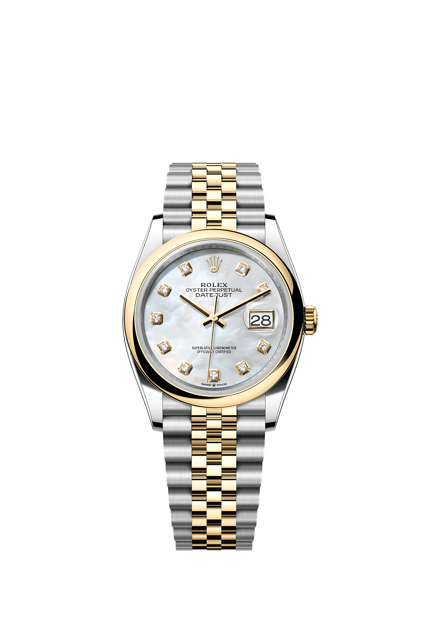 日志型 36, 蚝式，36毫米，黄金及蚝式钢, 表盘 : 白色珍珠母，镶钻石, Rolex