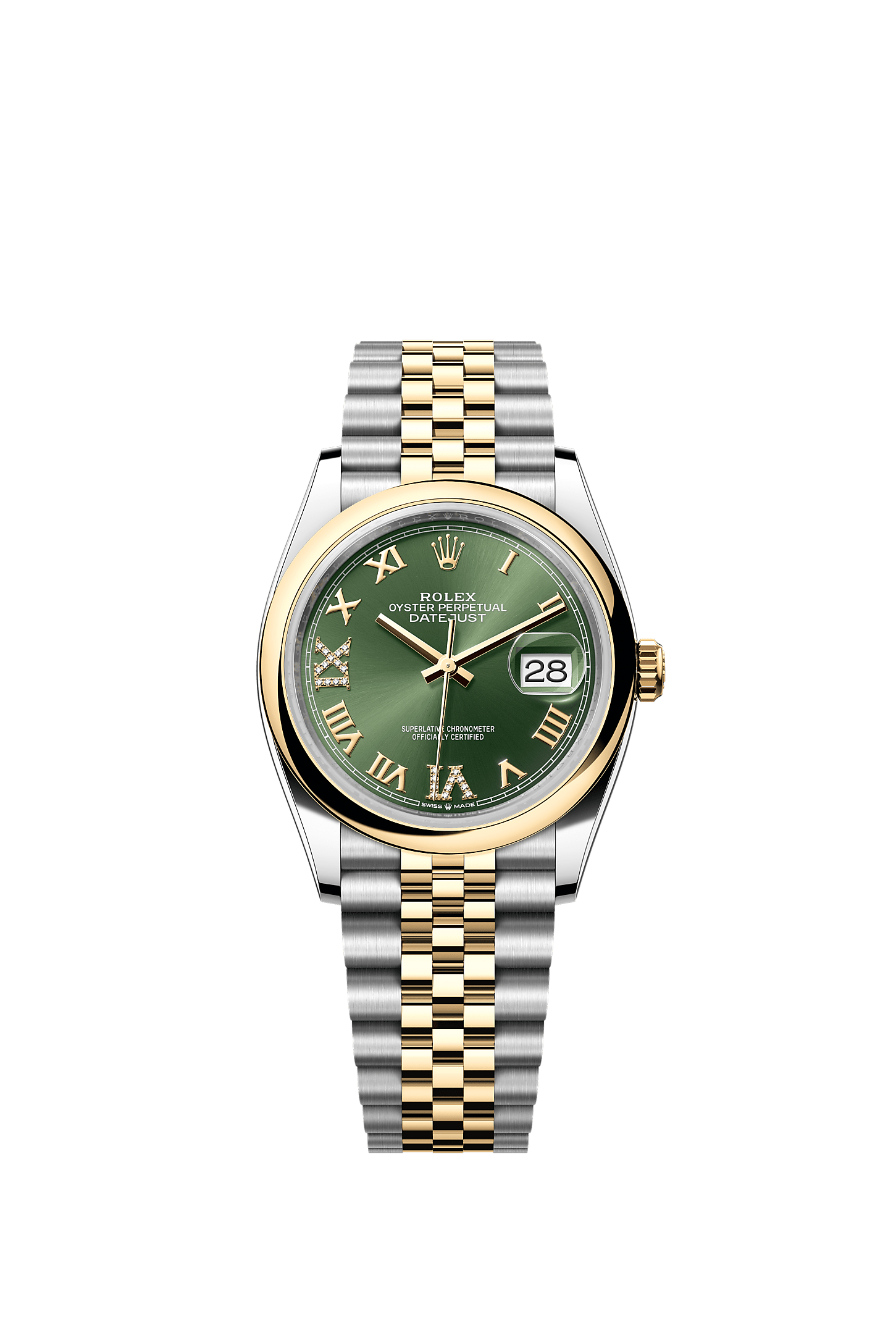 Datejust 36, Oyster, 36 mm, Oystersteel and yellow gold, Dial : Olive green set with diamonds, Rolex