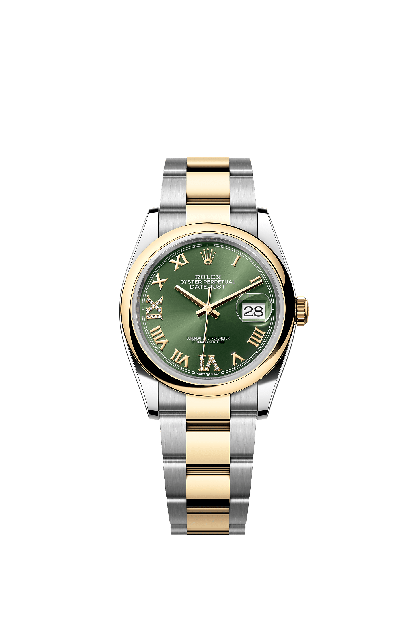 Datejust 36, Oyster, 36 mm, Oystersteel and yellow gold, Dial : Olive green set with diamonds, Rolex