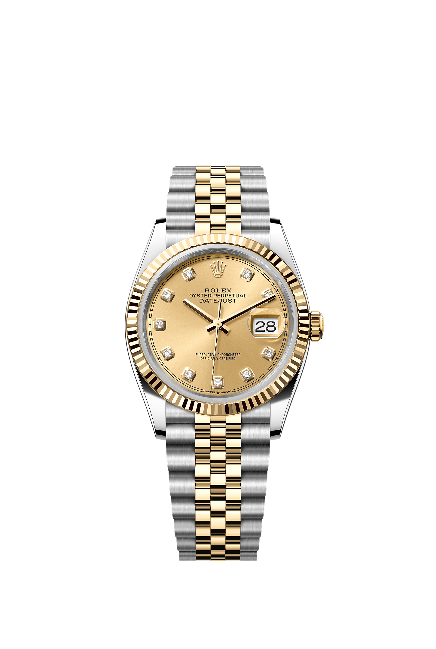 Datejust 36, Oyster, 36 mm, Oystersteel and yellow gold, Dial : Champagne-colour set with diamonds, Rolex