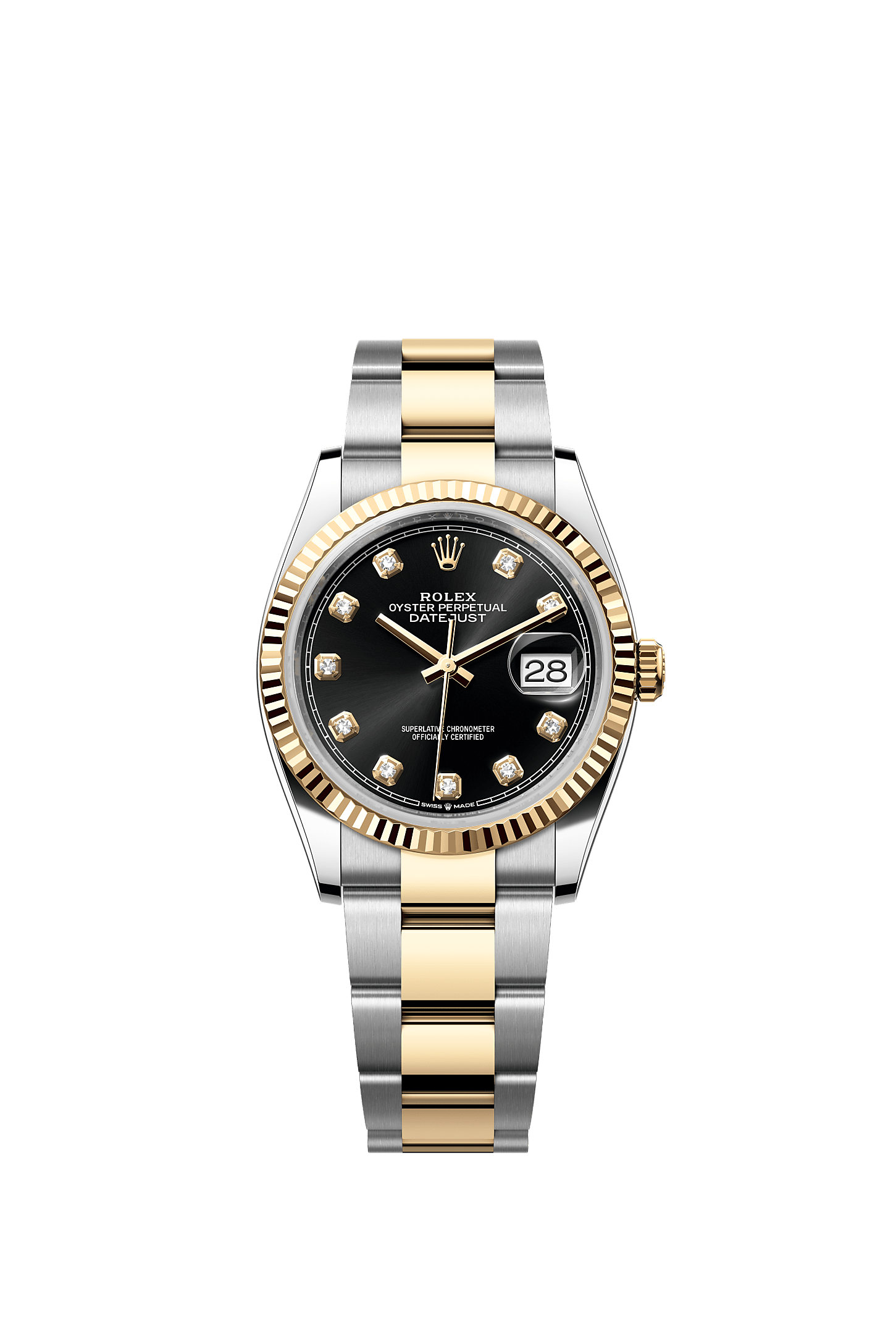 Datejust 36, Oyster, 36 mm, Oystersteel and yellow gold, Dial : Bright black set with diamonds, Rolex