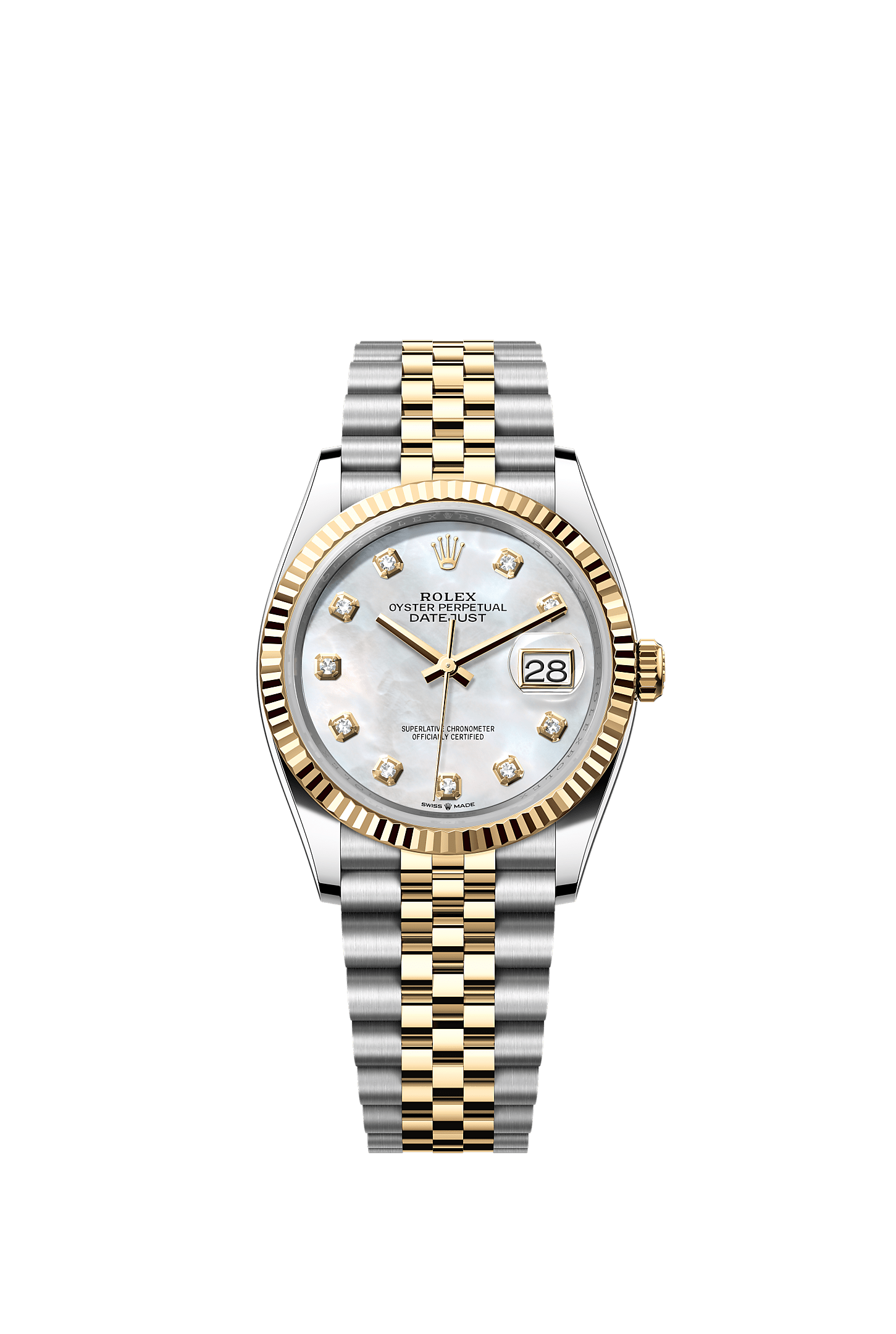 日志型 36, 蚝式，36毫米，黄金及蚝式钢, 表盘 : 白色珍珠母，镶钻石, Rolex