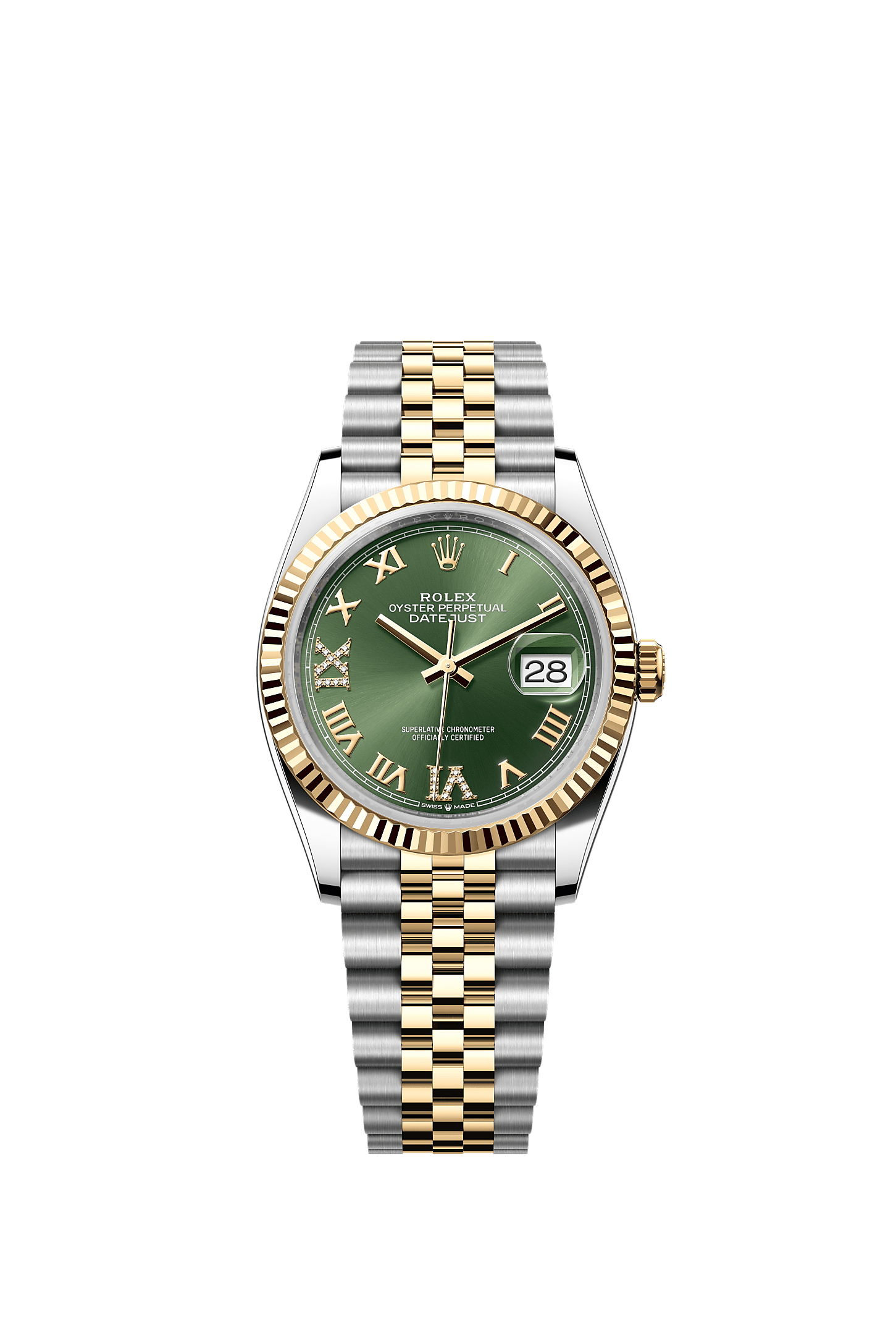 Datejust 36, Oyster, 36 mm, Oystersteel and yellow gold, Dial : Olive green set with diamonds, Rolex