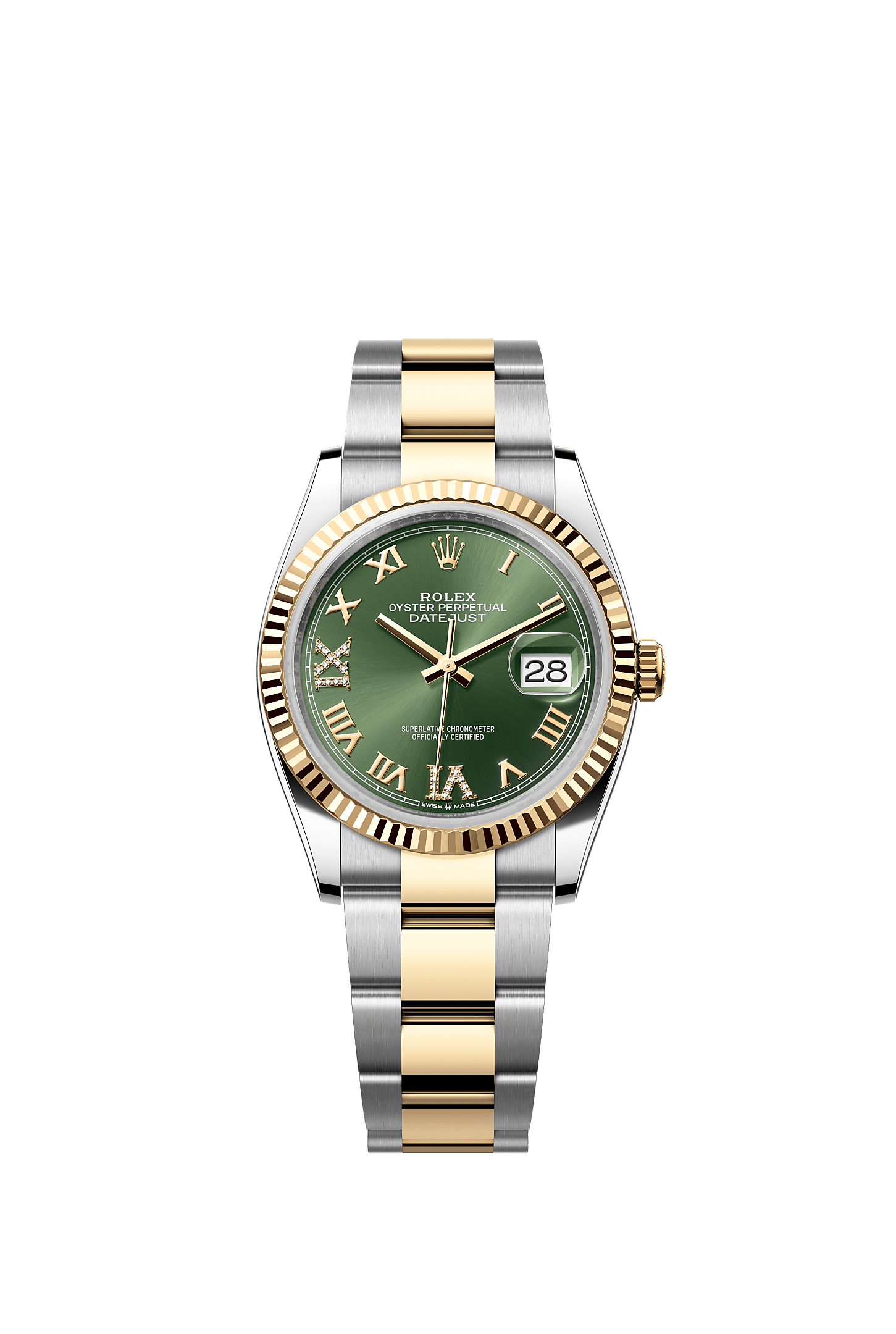 Datejust 36, Oyster, 36 mm, Oystersteel and yellow gold, Dial : Olive green set with diamonds, Rolex