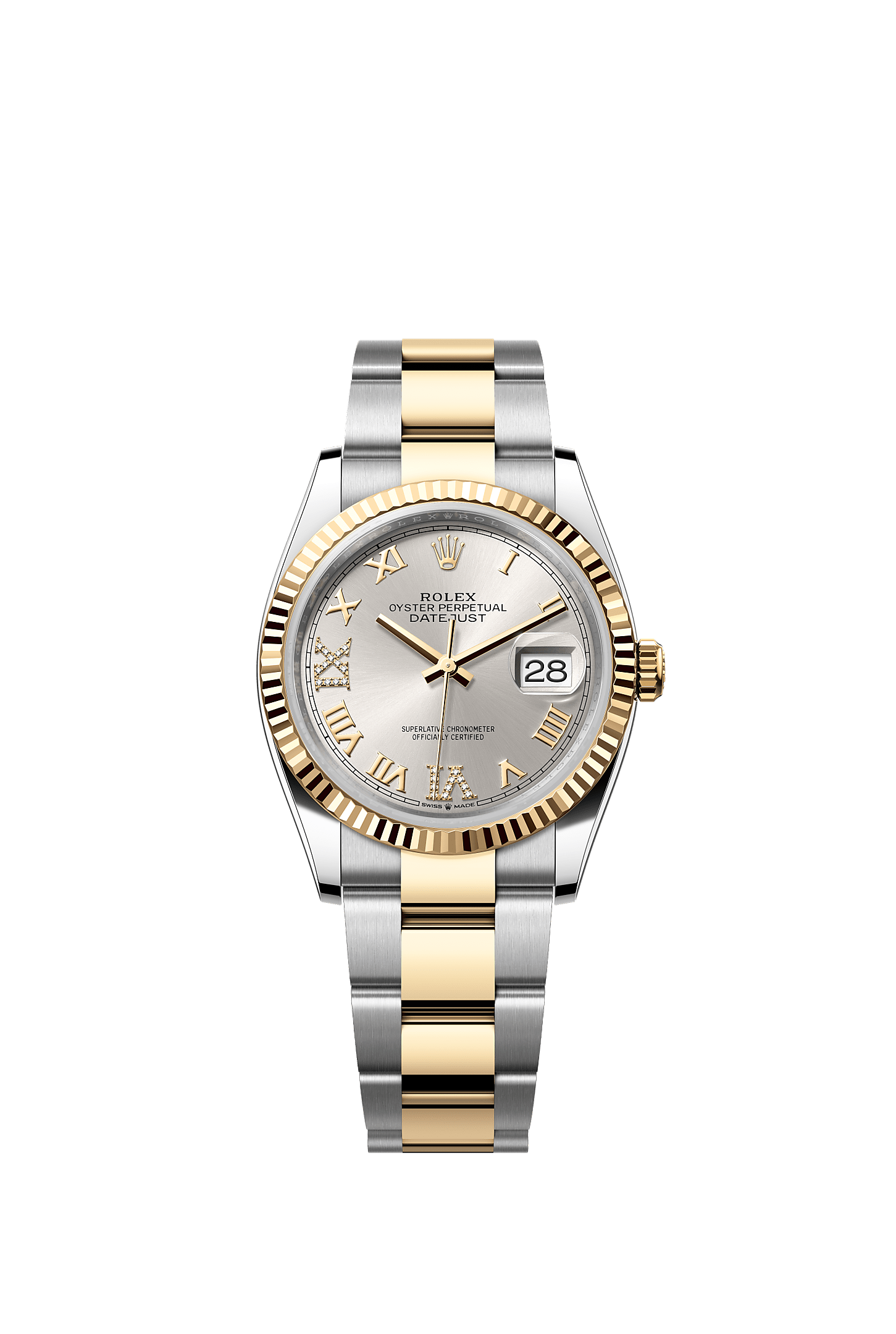 Datejust 36, Oyster, 36 mm, Oystersteel and yellow gold, Dial : Silver set with diamonds, Rolex