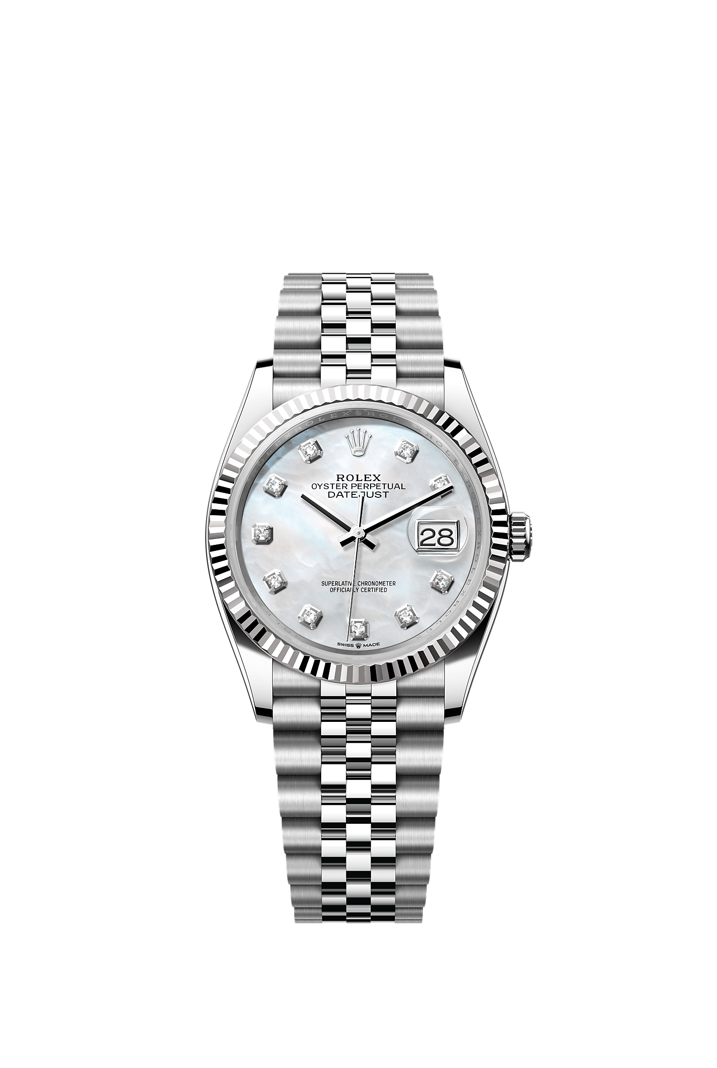 Datejust 36, Oyster, 36 mm, Oystersteel and white gold, Dial : White mother-of-pearl set with diamonds, Rolex