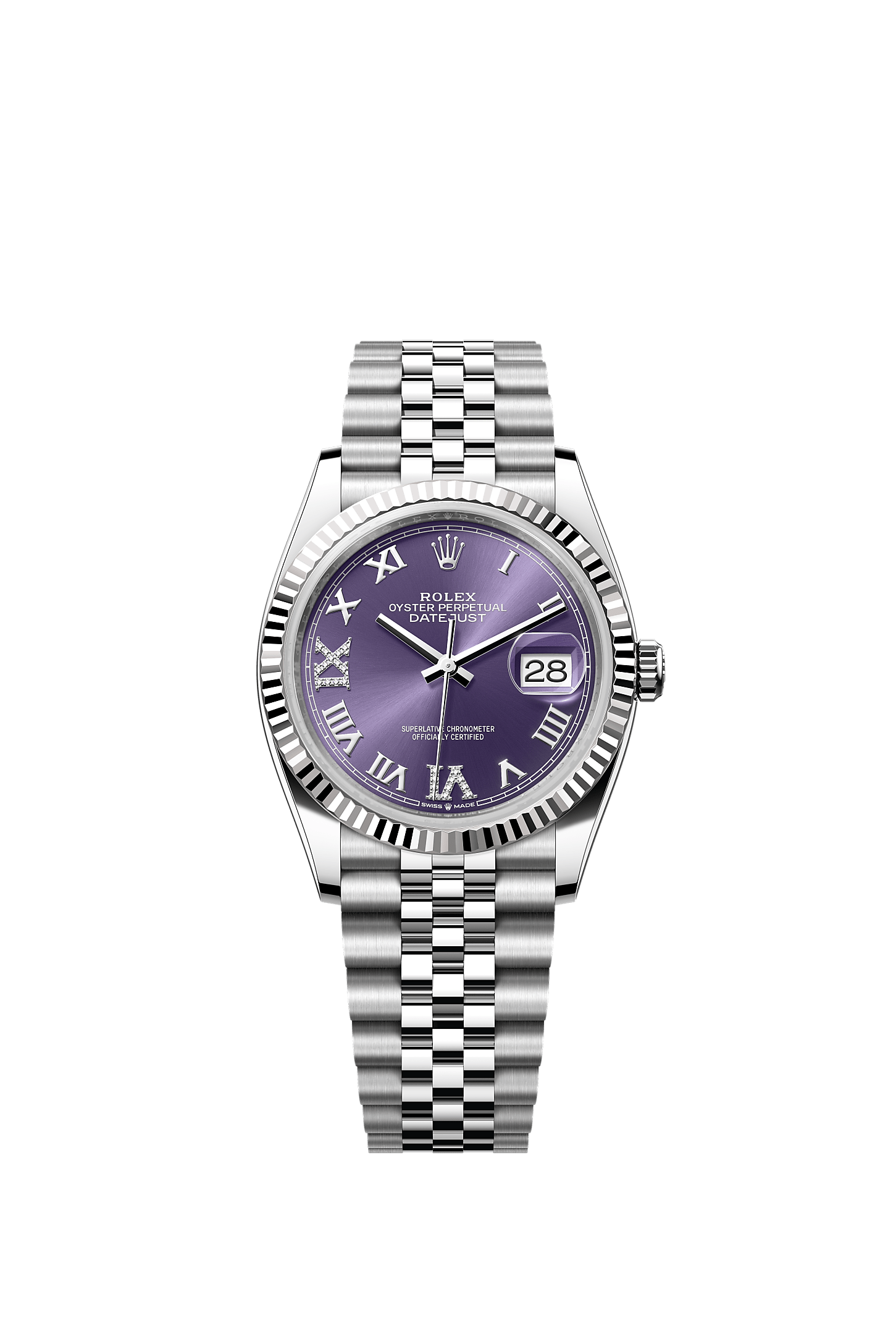 Datejust 36, Oyster, 36 mm, Oystersteel and white gold, Dial : Aubergine set with diamonds, Rolex