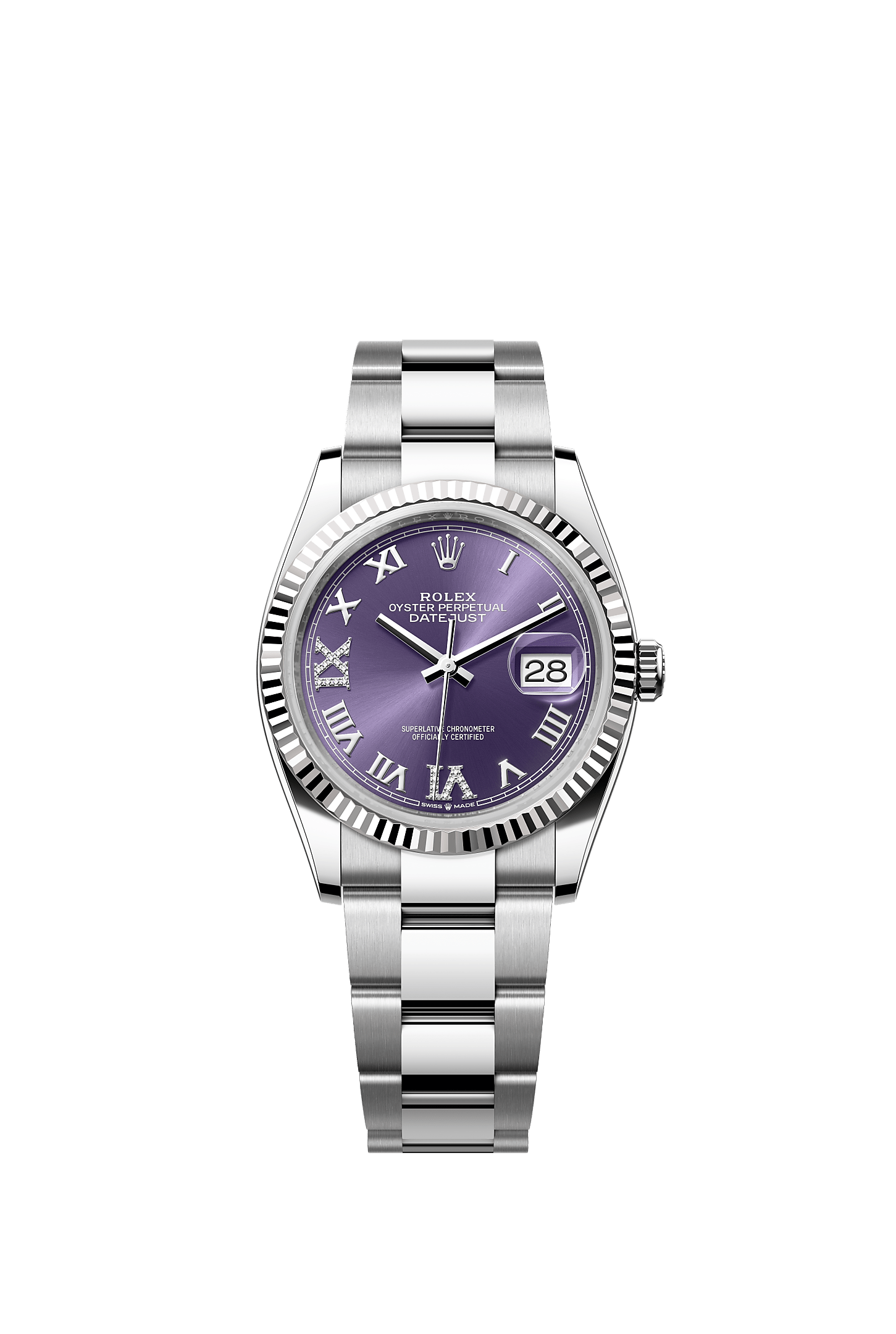 Datejust 36, Oyster, 36 mm, Oystersteel and white gold, Dial : Aubergine set with diamonds, Rolex