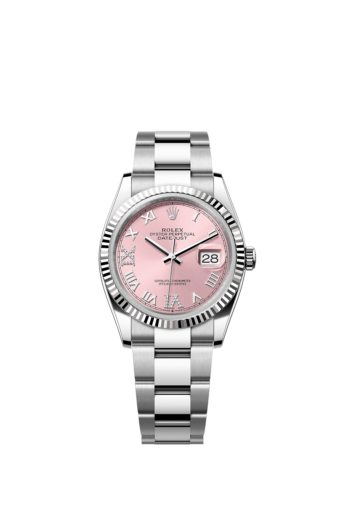 Datejust 36, Oyster, 36 mm, Oystersteel and white gold, Dial : Pink set with diamonds, Rolex