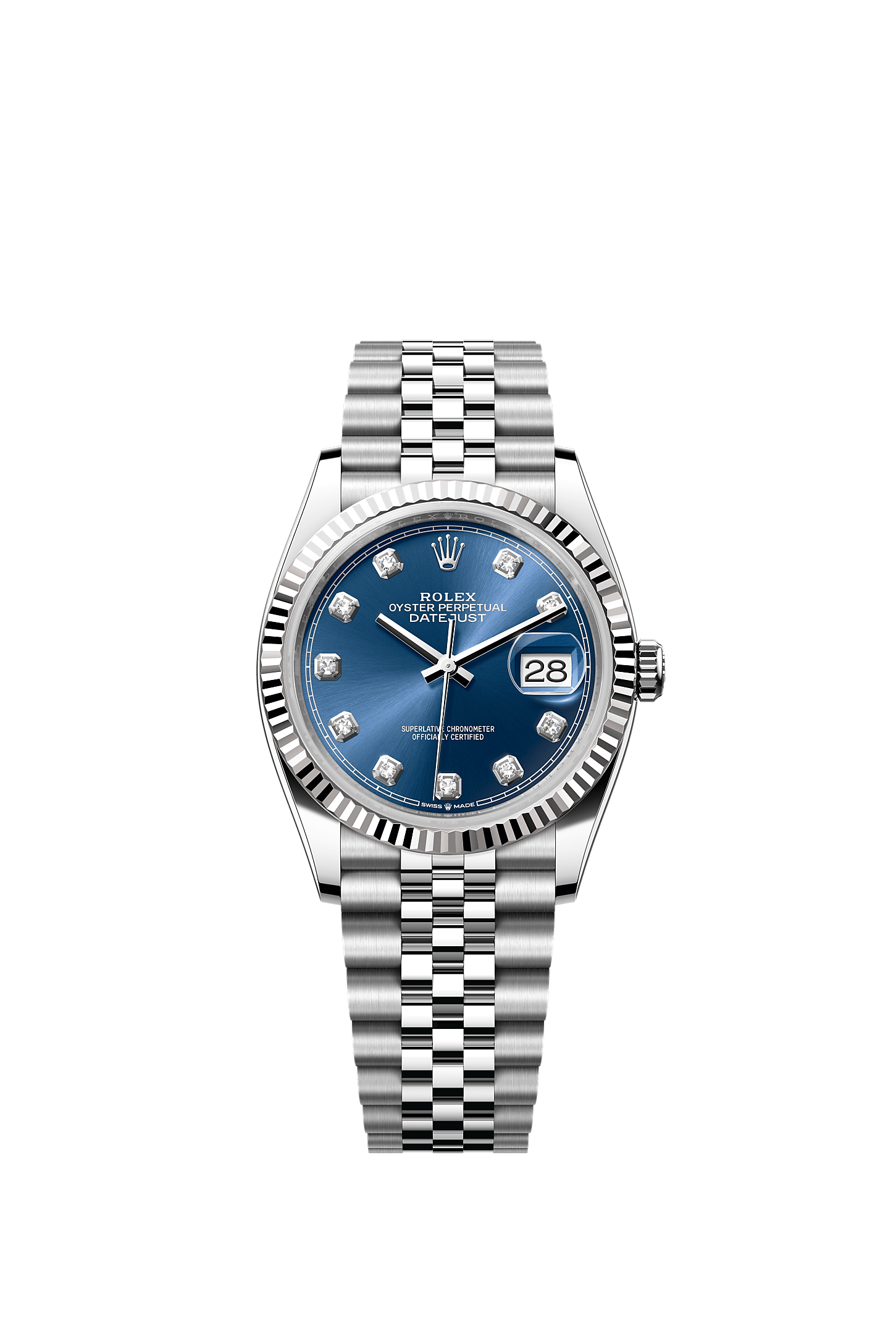 Datejust 36, Oyster, 36 mm, Oystersteel and white gold, Dial : Bright blue set with diamonds, Rolex