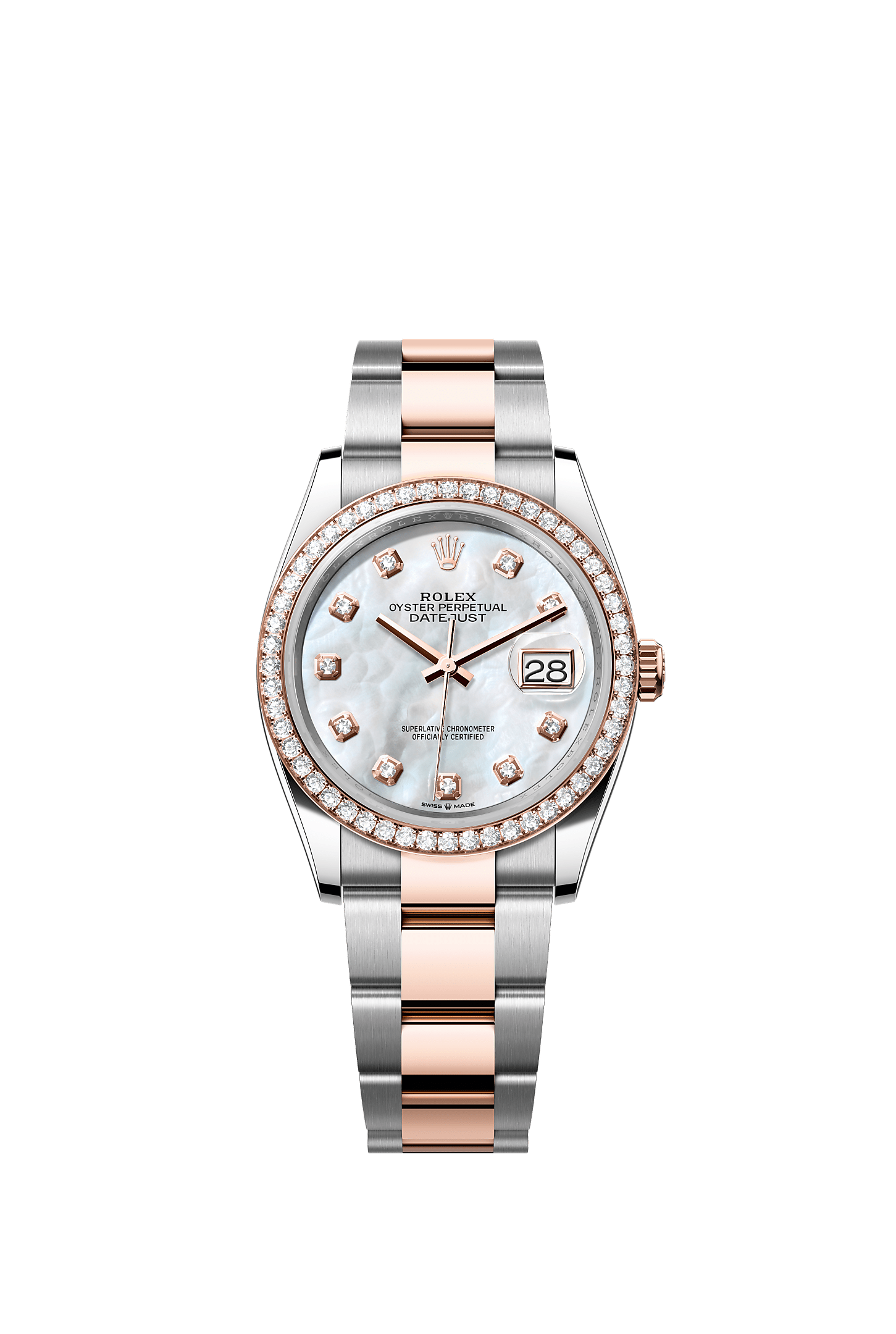 Datejust 36, Oyster, 36 mm, Oystersteel, Everose gold and diamonds, Dial : White mother-of-pearl set with diamonds, Rolex