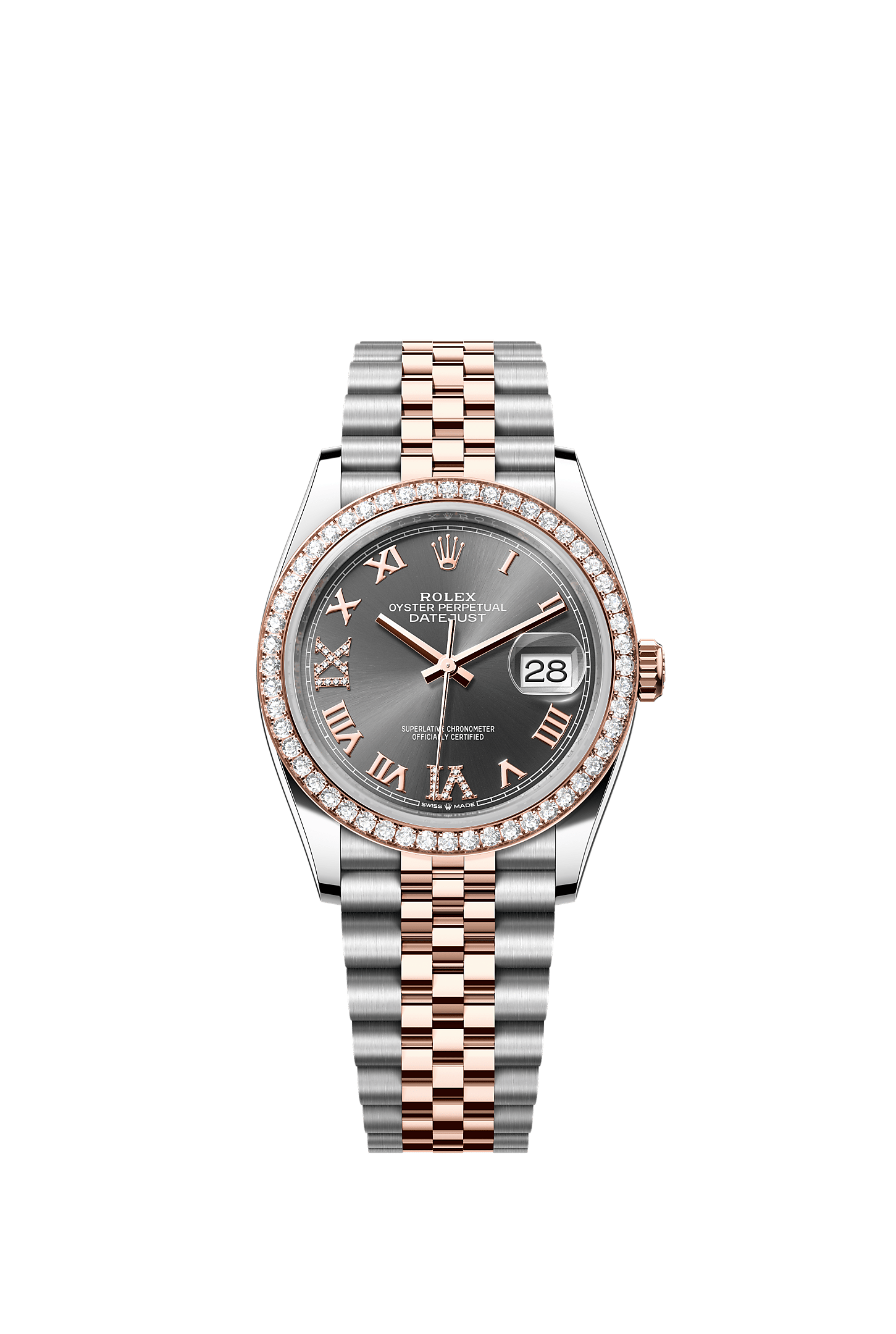 Datejust 36, Oyster, 36 mm, Oystersteel, Everose gold and diamonds, Dial : Slate set with diamonds, Rolex