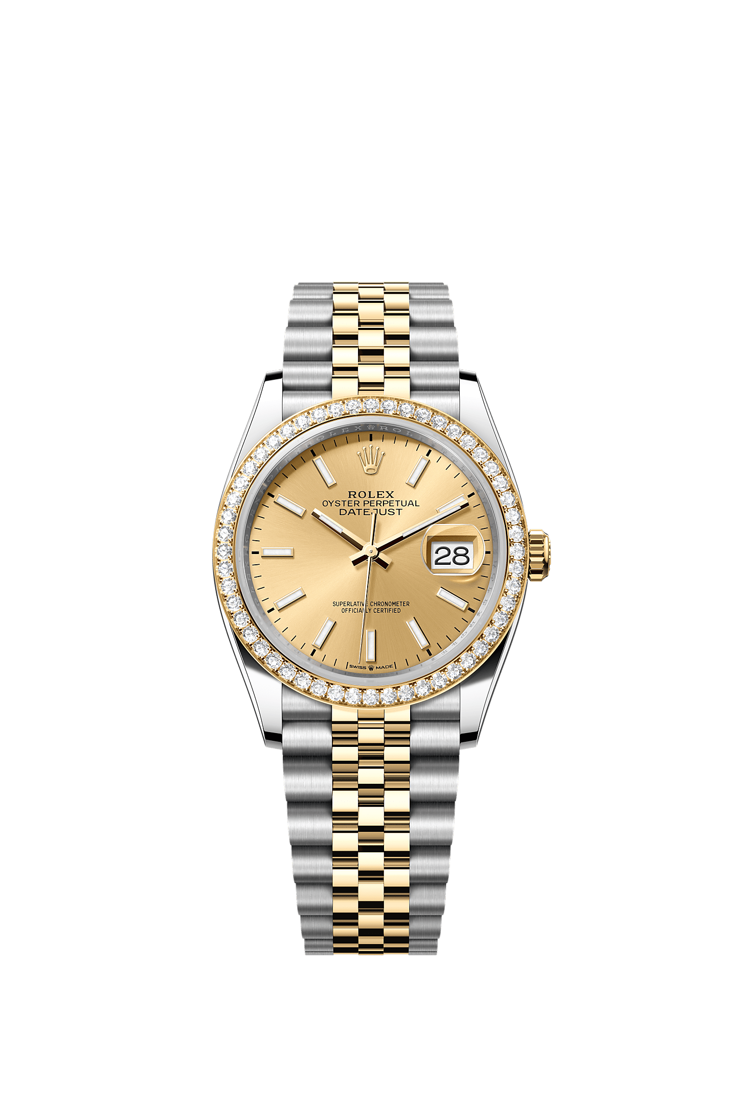 Datejust 36, Oyster, 36 mm, Oystersteel, yellow gold and diamonds, Dial : Champagne-colour, Rolex