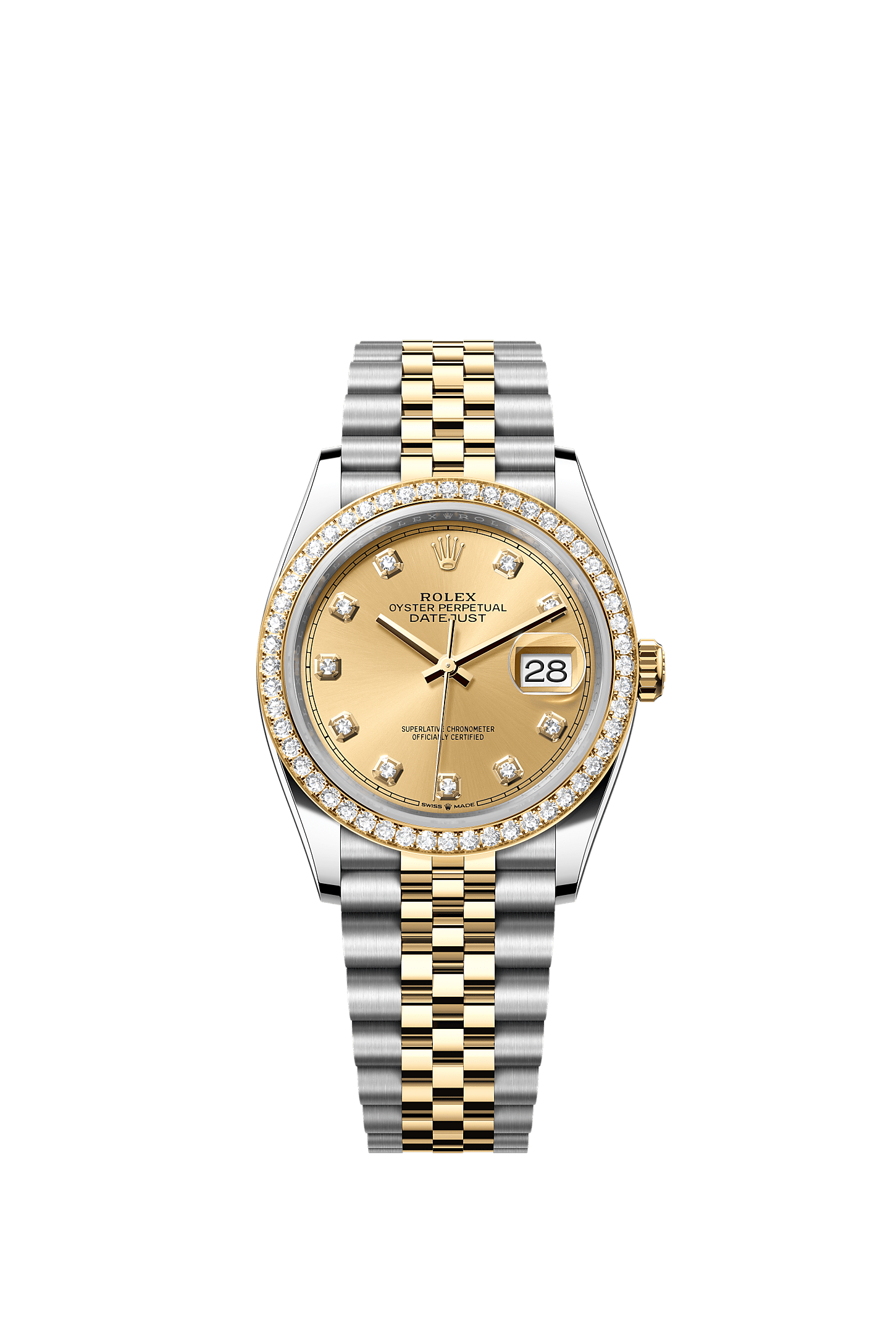 Datejust 36, Oyster, 36 mm, Oystersteel, yellow gold and diamonds, Dial : Champagne-colour set with diamonds, Rolex