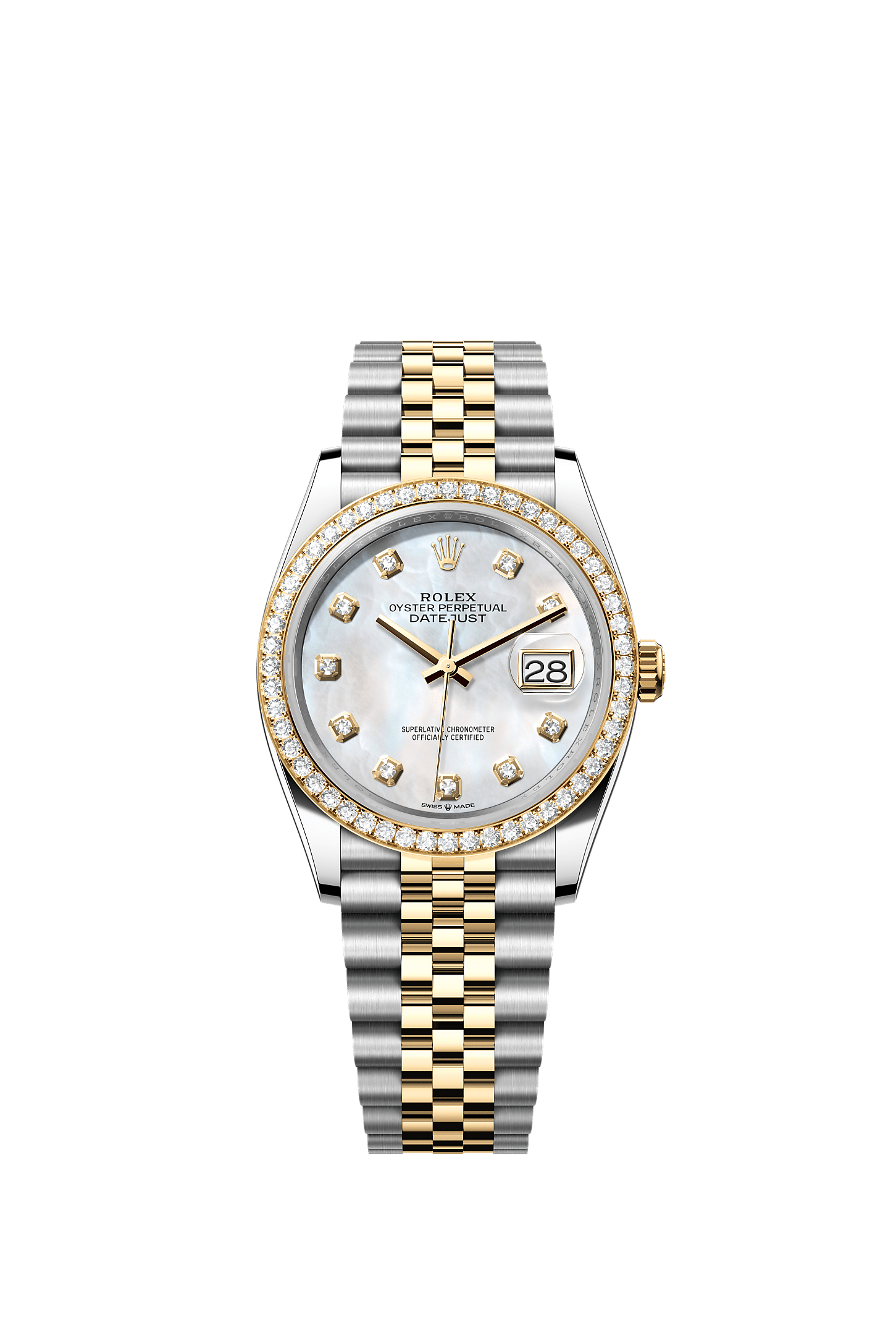 Datejust 36, Oyster, 36 mm, Oystersteel, yellow gold and diamonds, Dial : White mother-of-pearl set with diamonds, Rolex
