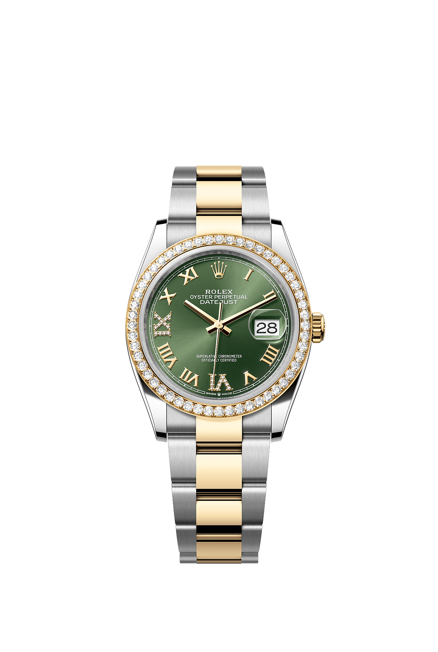 Datejust 36, Oyster, 36 mm, Oystersteel, yellow gold and diamonds, Dial : Olive green set with diamonds, Rolex