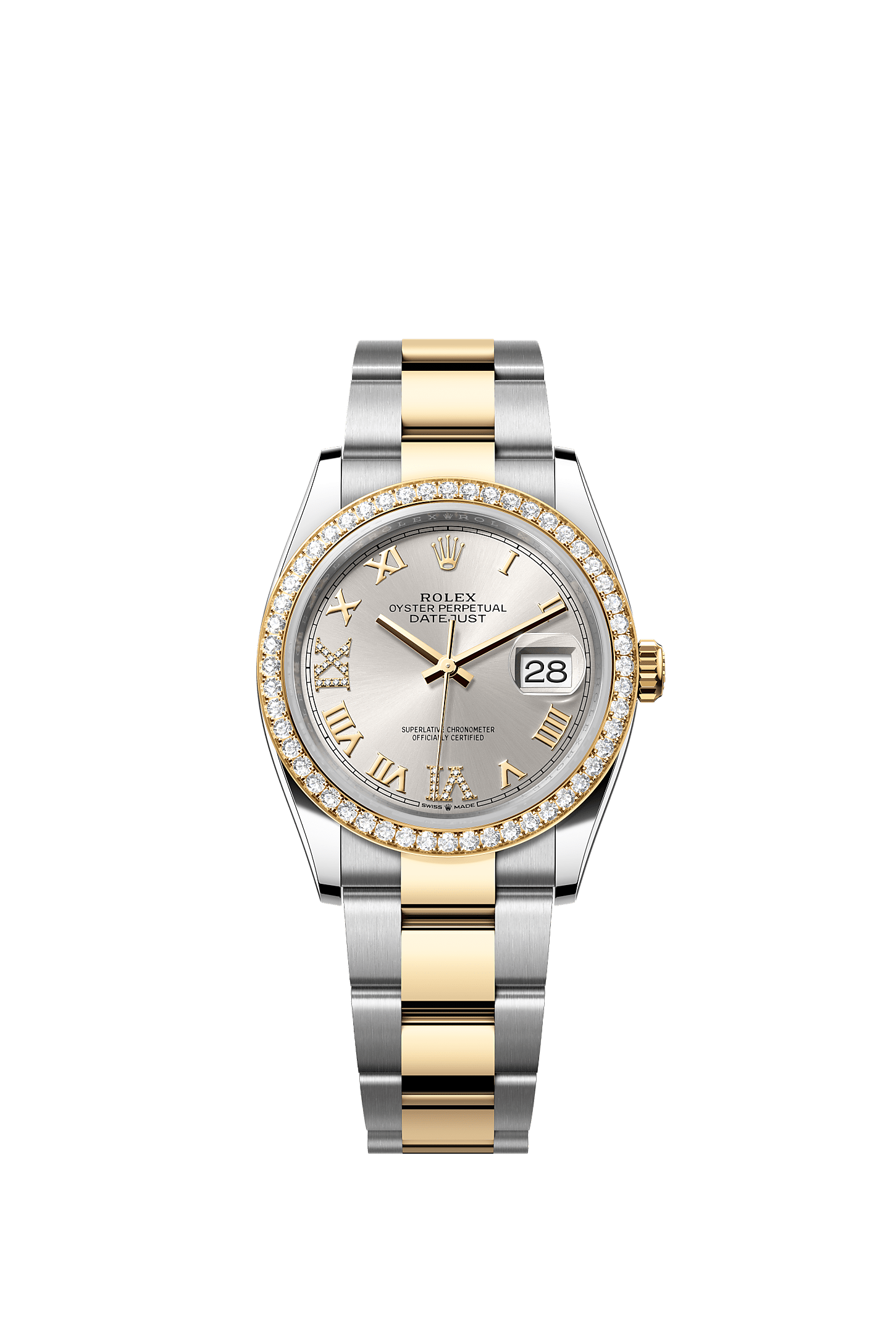Datejust 36, Oyster, 36 mm, Oystersteel, yellow gold and diamonds, Dial : Silver set with diamonds, Rolex