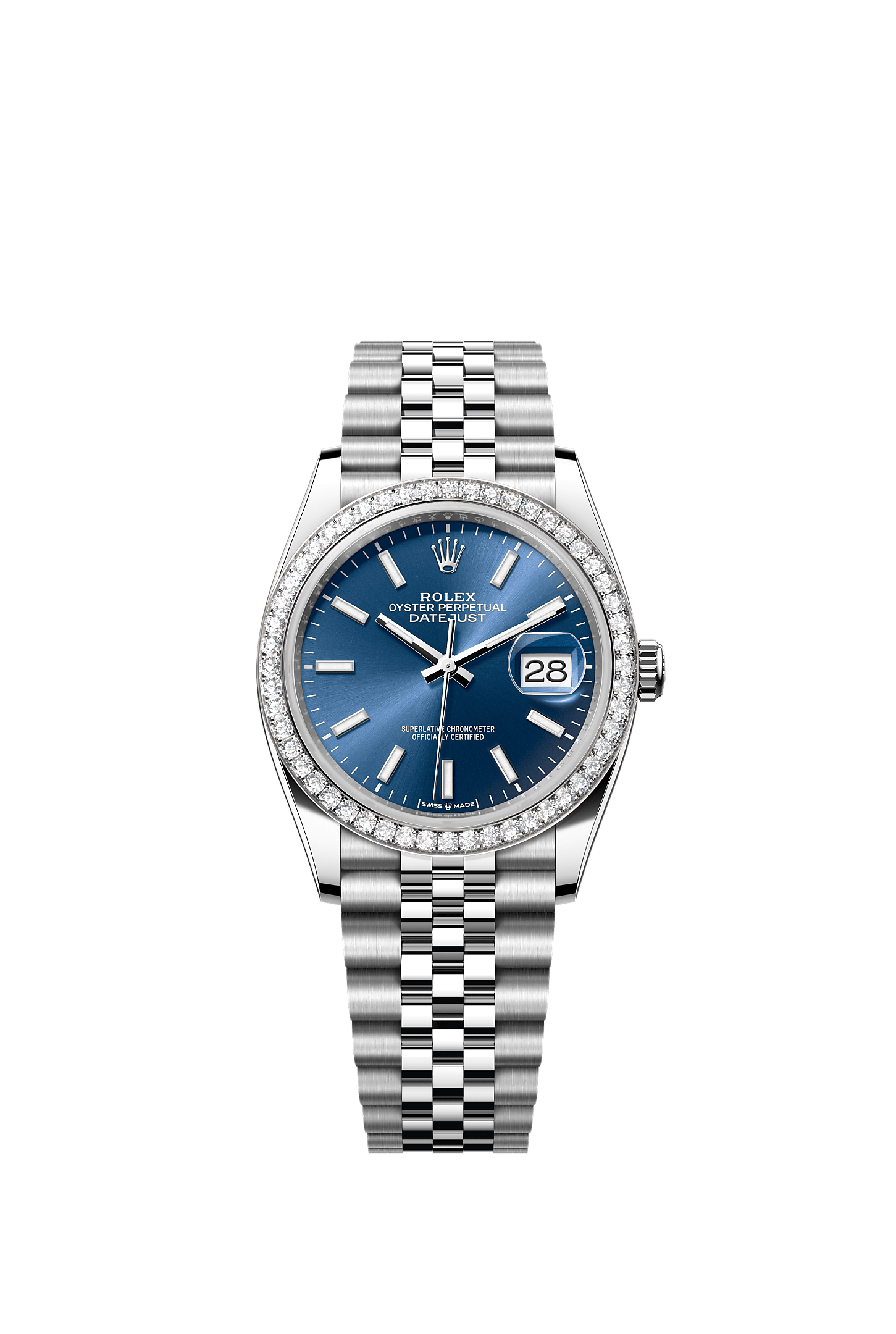 日志型 36, 蚝式，36毫米，钻石、白色黄金及蚝式钢, 表盘 : 亮蓝色, Rolex