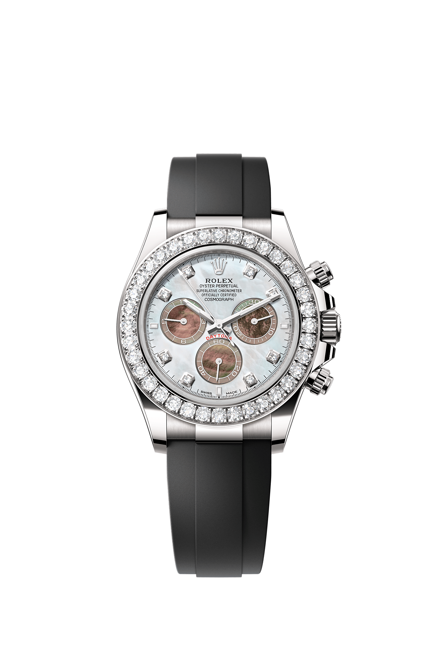 Cosmograph Daytona, Oyster, 40 mm, white gold and diamonds, Dial : White and black mother-of-pearl set with diamonds, Rolex