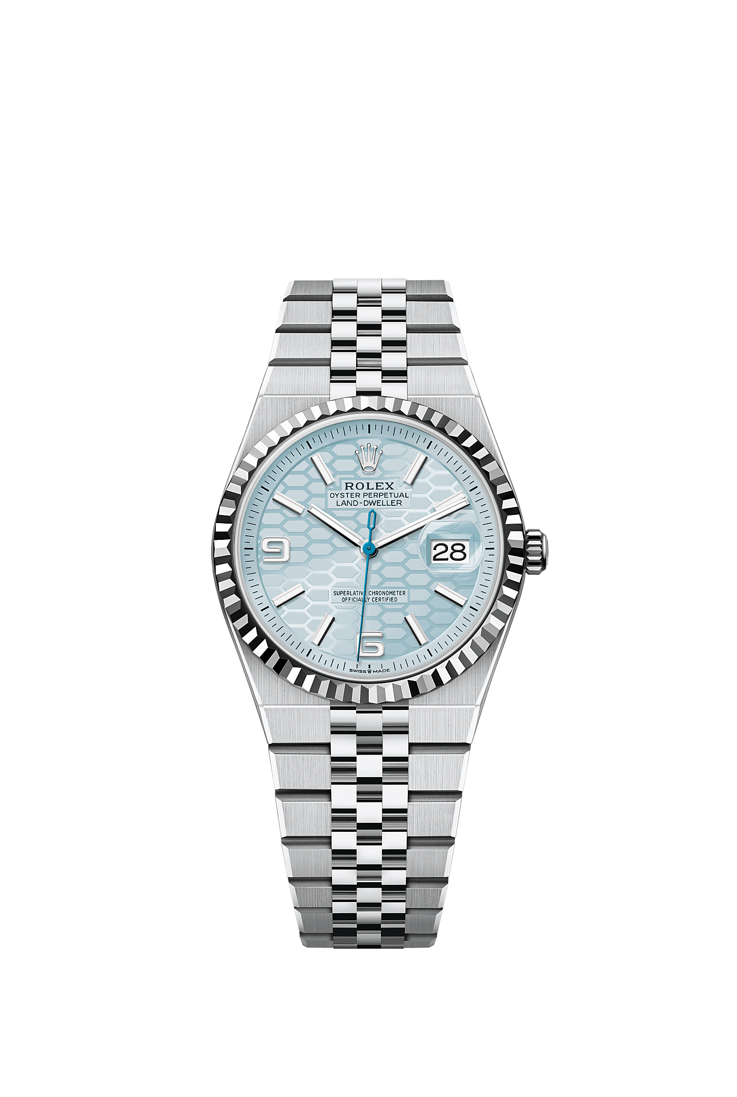Land-Dweller 36, Oyster, 36 mm, platinum, Dial : Ice blue, honeycomb 
motif, Rolex