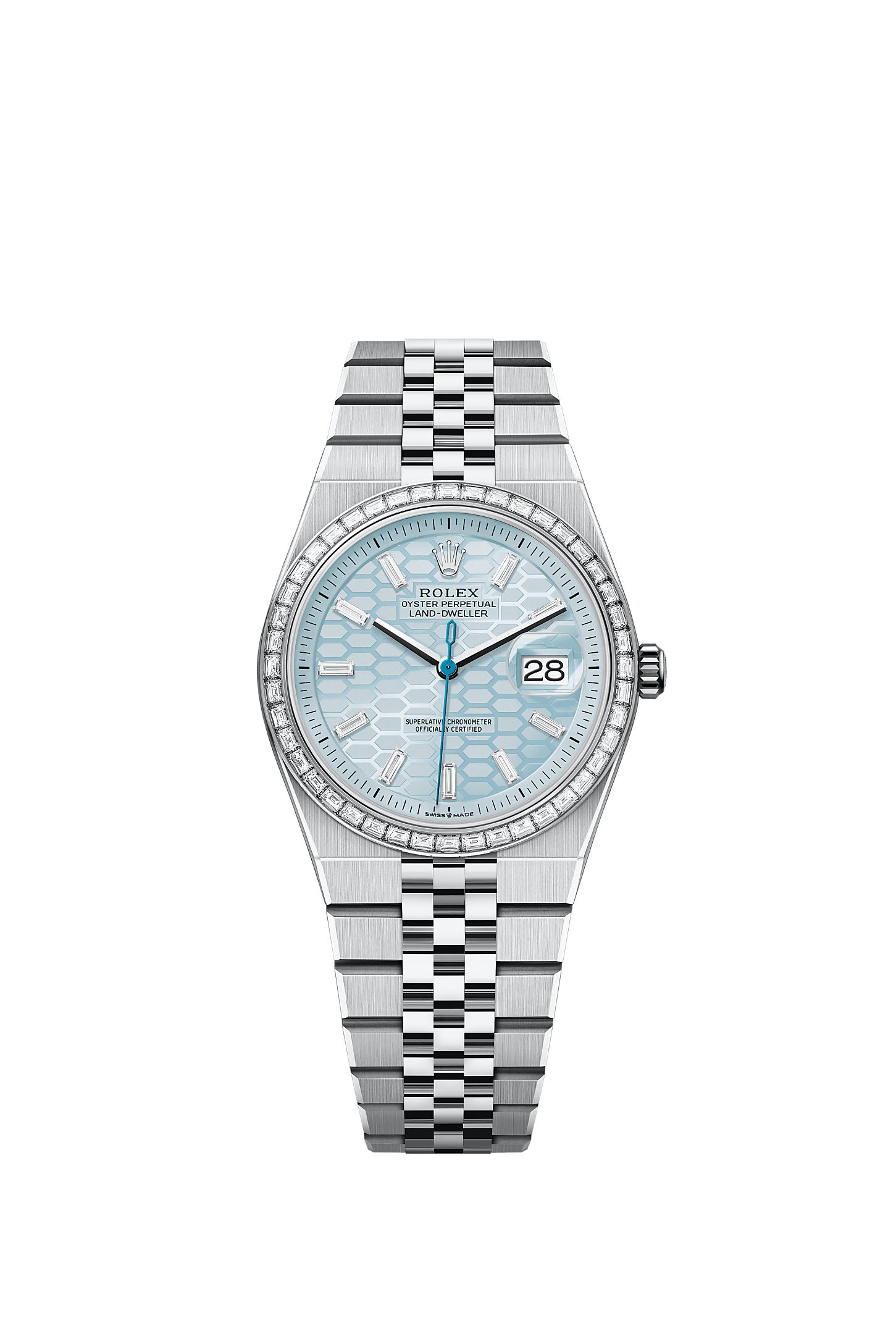 Land-Dweller 36, Oyster, 36 mm, platinum and diamonds, Dial : Ice blue, honeycomb motif set with diamonds, Rolex