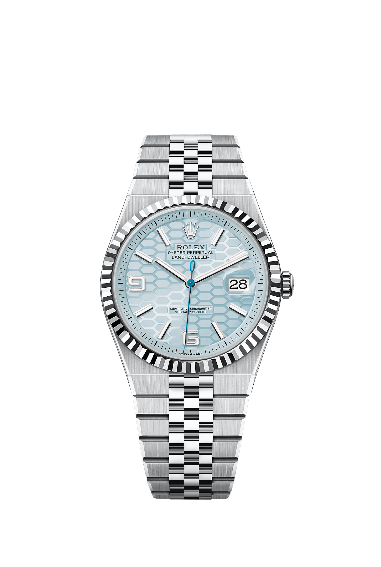 Land-Dweller 40, Oyster, 40 mm, platinum, Dial : Ice blue, honeycomb 
motif, Rolex