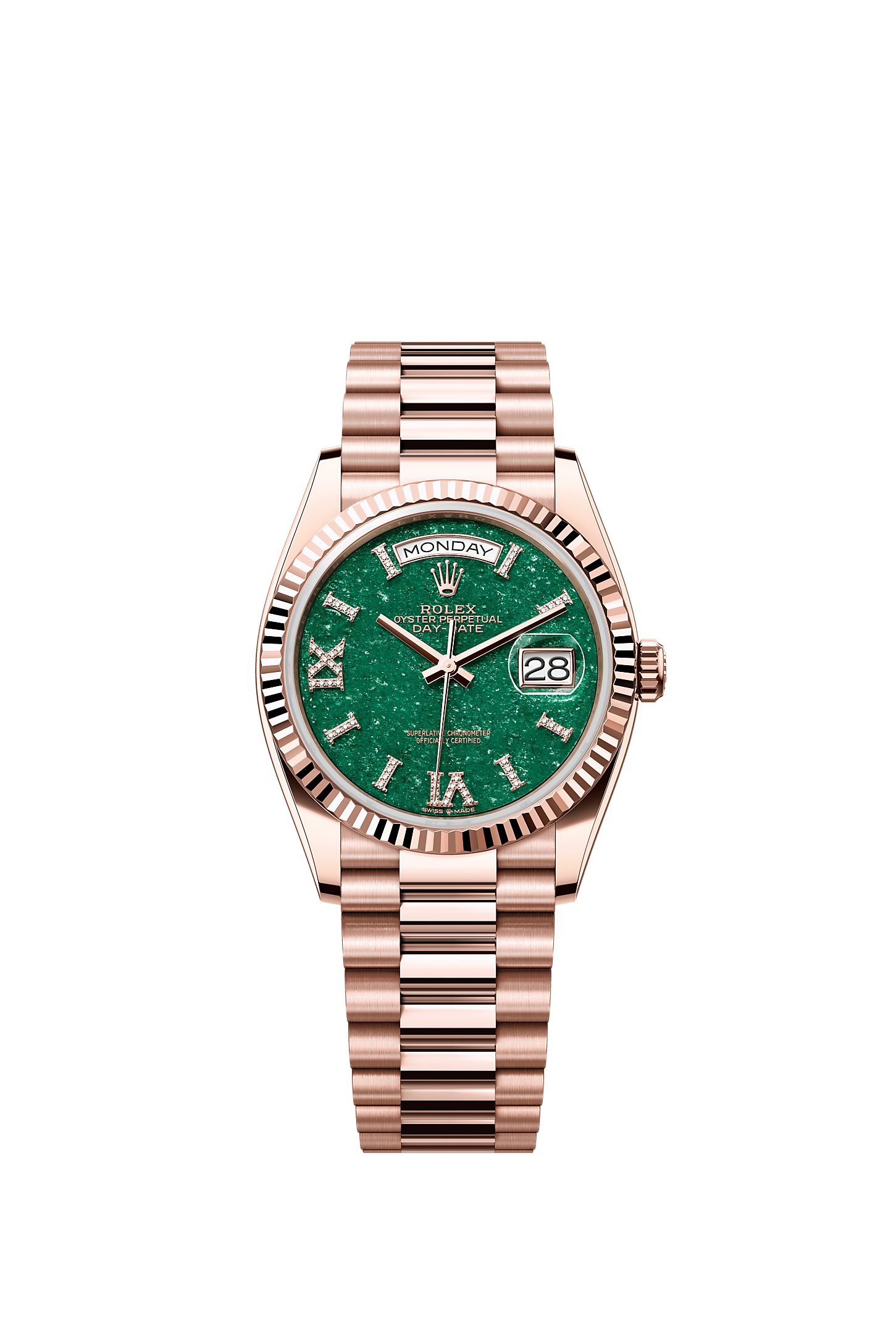 Day-Date 36, Oyster, 36 mm, Everose gold, Dial : Green aventurine set with diamonds, Rolex