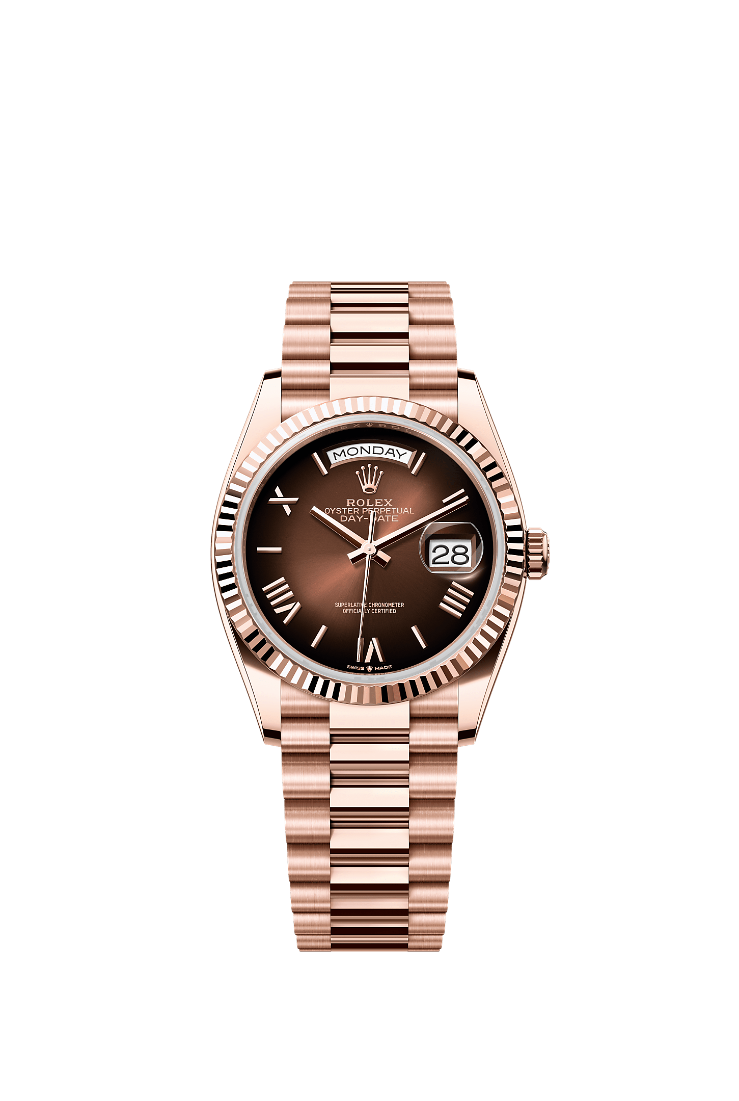 星期日历型 36, 蚝式，36毫米，永恒玫瑰金, 表盘 : 渐变棕色, Rolex