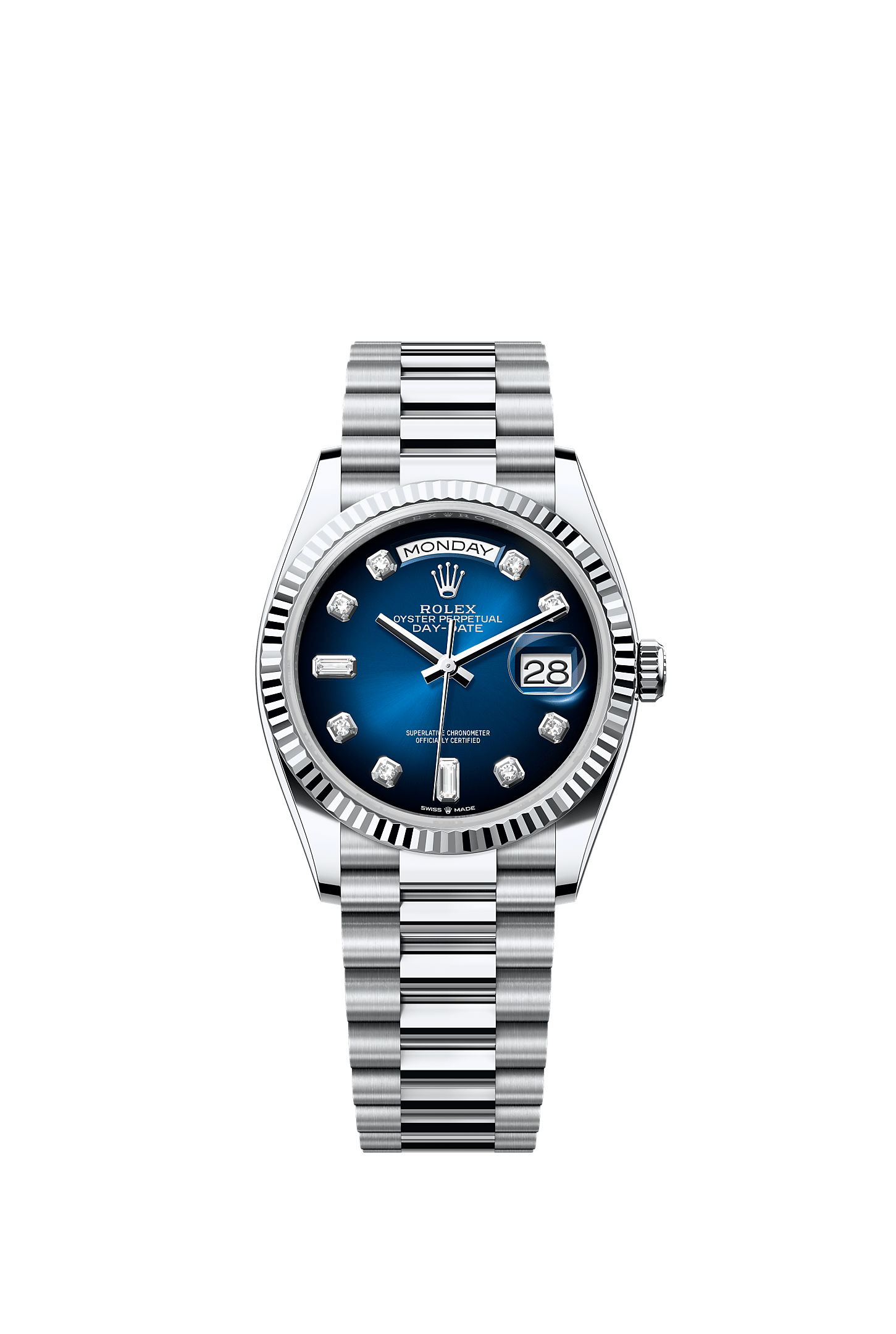 Day-Date 36, Oyster, 36 mm, platinum, Dial : Blue ombré set with diamonds, Rolex