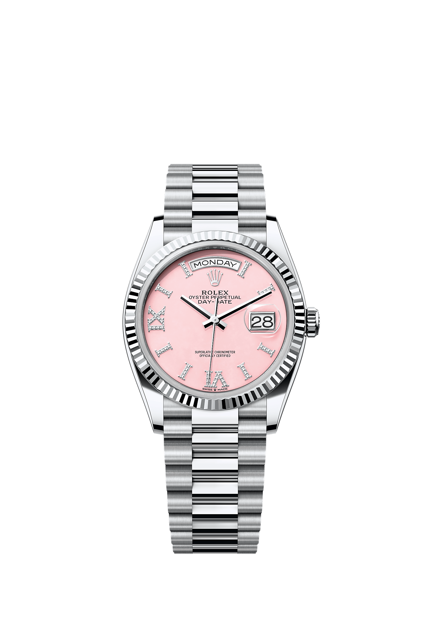 Day-Date 36, Oyster, 36 mm, platinum, Dial : Pink opal set with diamonds, Rolex