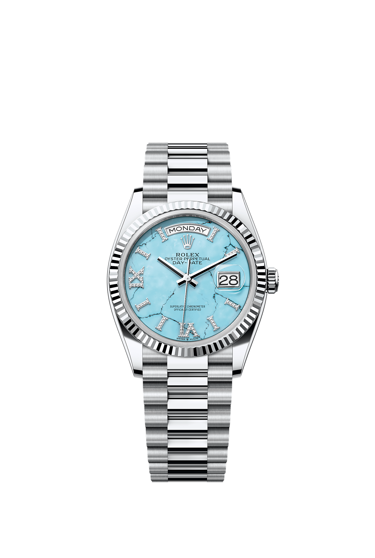 Day-Date 36, Oyster, 36 mm, platinum, Dial : Turquoise set with diamonds, Rolex