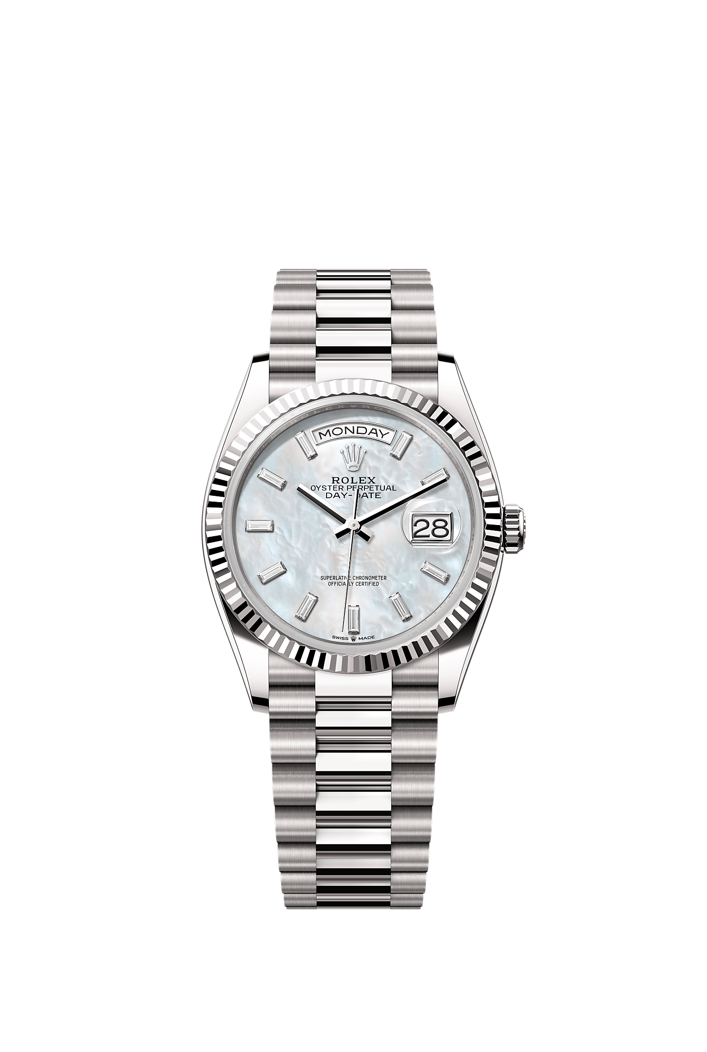 Day-Date 36, Oyster, 36 mm, white gold, Dial : White mother-of-pearl set with diamonds, Rolex