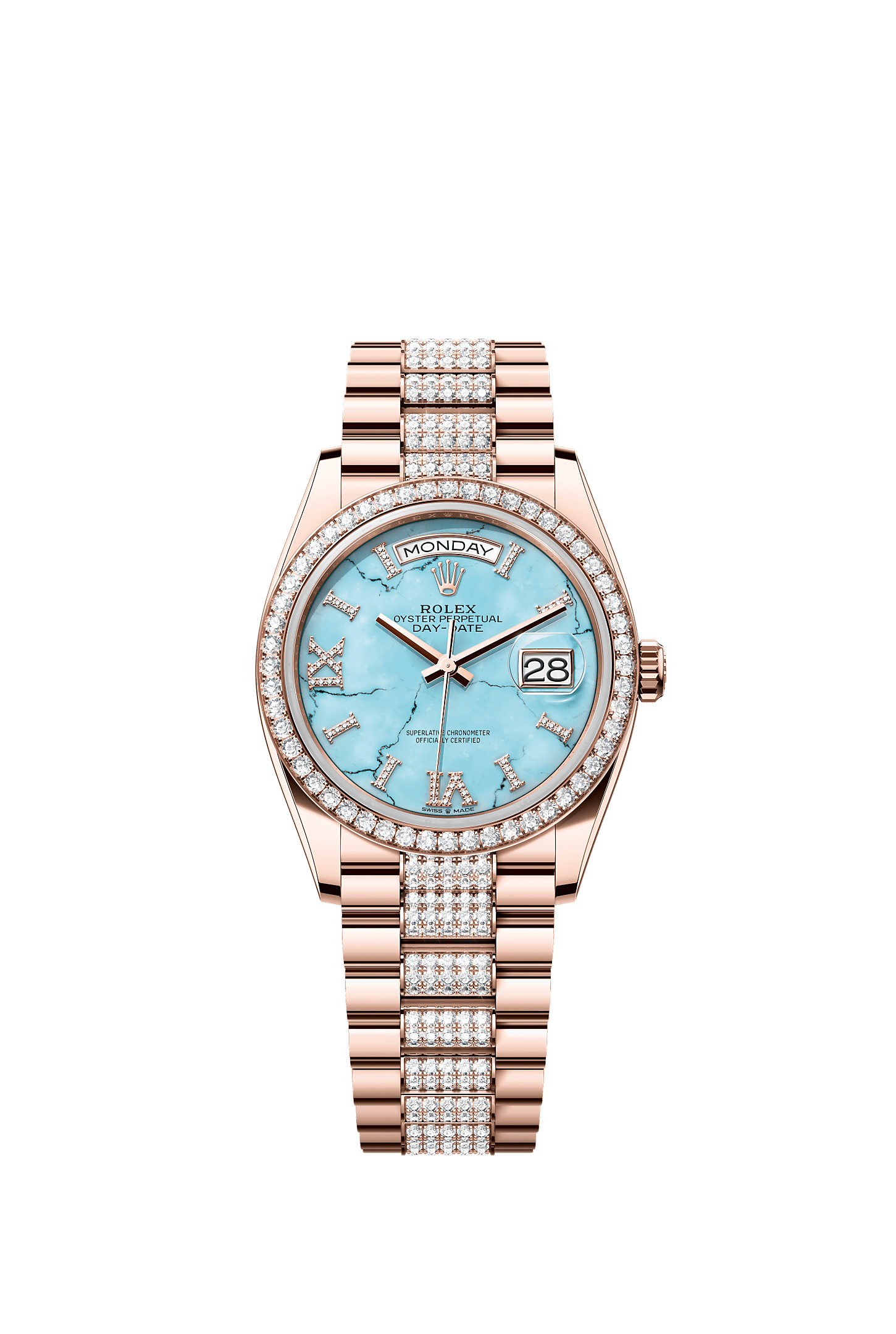 Day-Date 36, Oyster, 36 mm, Everose gold and diamonds, Dial : Turquoise set with diamonds, Rolex
