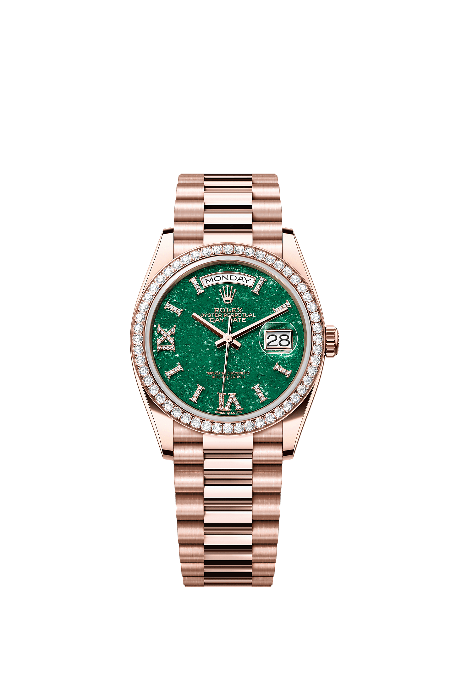 Day-Date 36, Oyster, 36 mm, Everose gold and diamonds, Dial : Green aventurine set with diamonds, Rolex