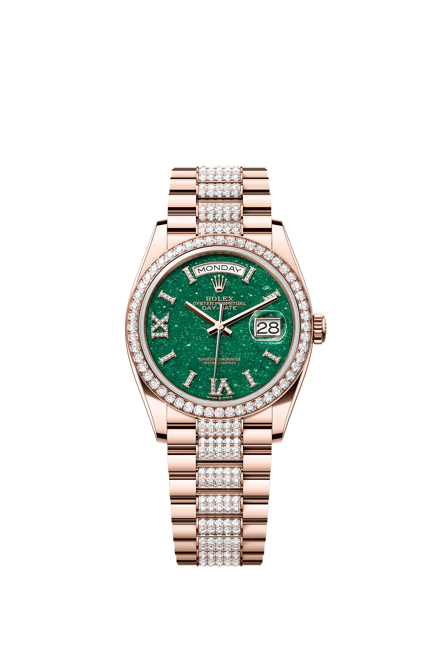 星期日历型 36, 蚝式，36毫米，钻石及永恒玫瑰金, 表盘 : 绿色砂金石，镶钻石, Rolex