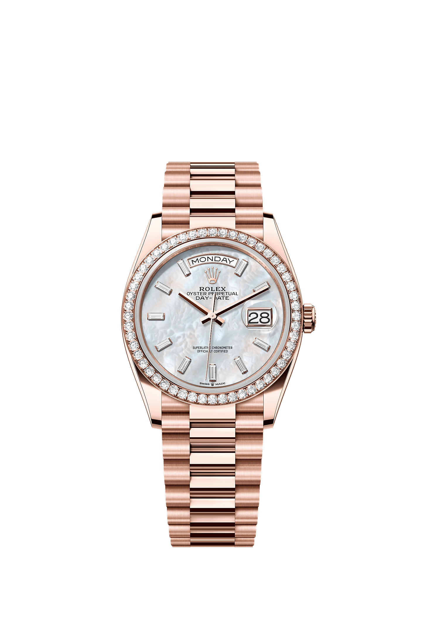 Day-Date 36, Oyster, 36 mm, Everose gold and diamonds, Dial : White mother-of-pearl set with diamonds, Rolex
